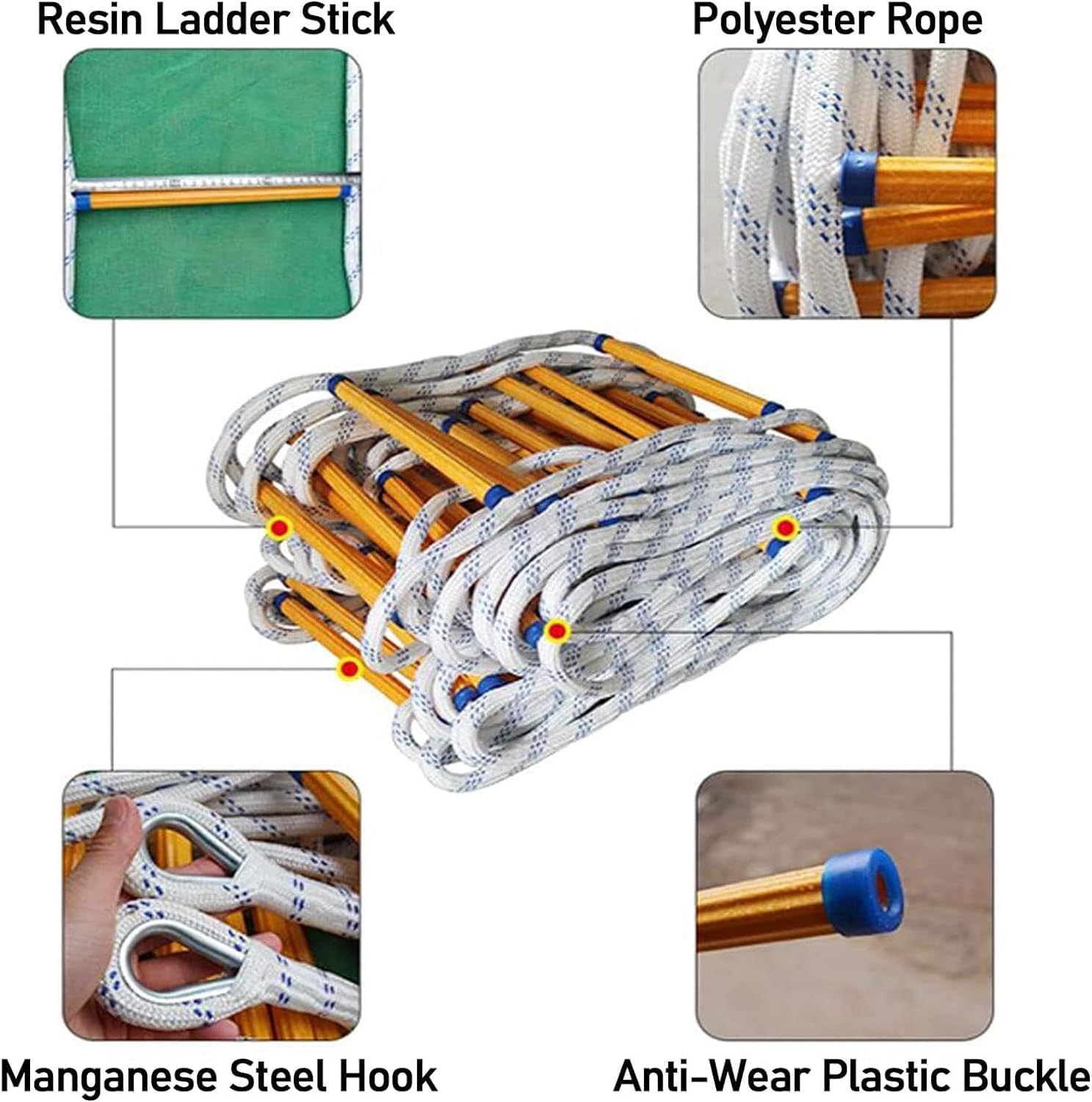 High Strength Epoxy Folding Soft Stair Ladder 2 Pcs Steel Buckle Fire Escape Rope Ladder Length 3-50 Meters, Yellow, 30 Meters/98.4 Feet