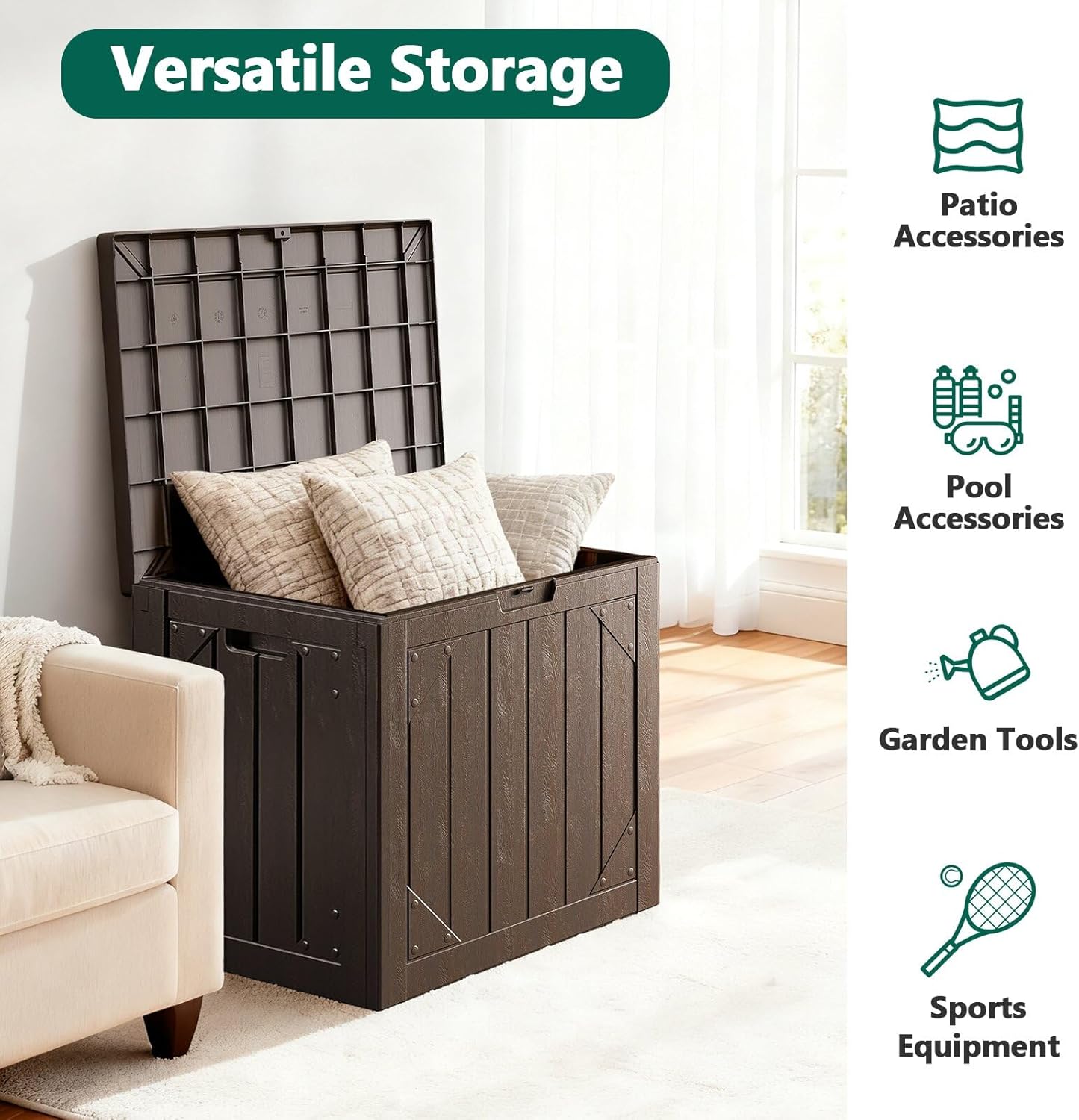 30 Gallon Outdoor Storage Box, Lockable Resin Deck Box for Patio Cushions, Throw Pillows, Garden Tools, Weatherproof Outdoor Storage Bench for Yard, Porch, or Balcony