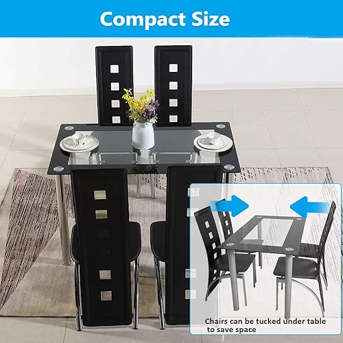 Miniatura 22 de Henf Juego de mesa de comedor de 5 piezas, moderno juego de mesa de comedor para 4 personas con mesa superior de vidrio templado y 4 sillas de piel