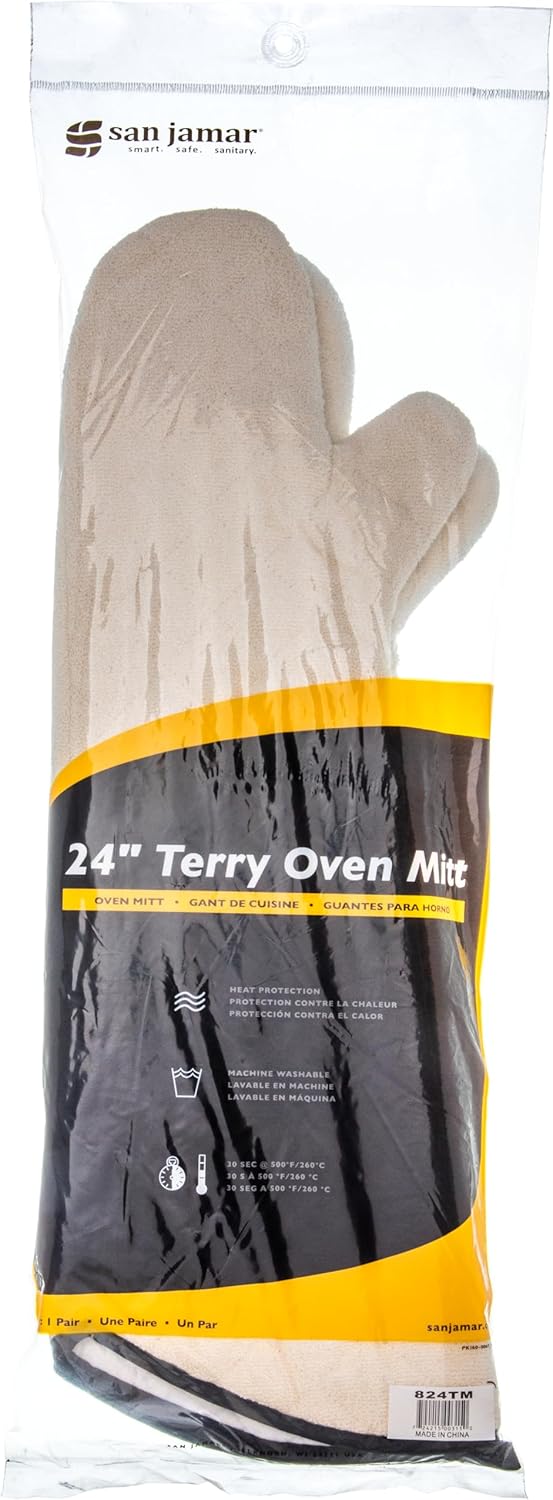 San Jamar 813TM Heavy Duty Terry Cloth Temperature Protection Oven Mitt, 13" Length, Natural (Pack of 3)
