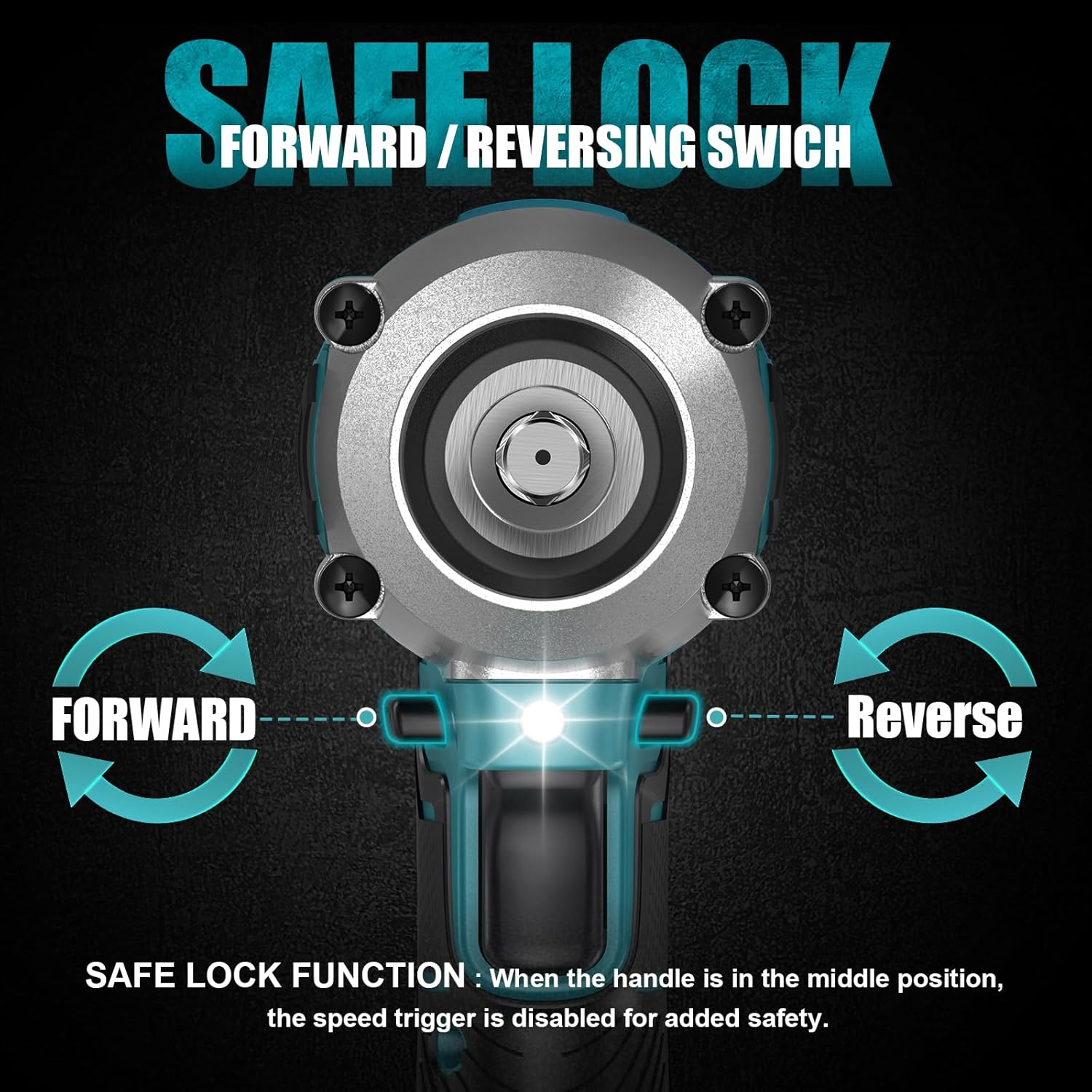 Diagram illustrating the safe lock function and forward/reverse switch on the Cerycose impact wrench. It shows arrows for forward and reverse rotation, and indicates that the speed trigger is disabled when the switch is in the middle position for safety.