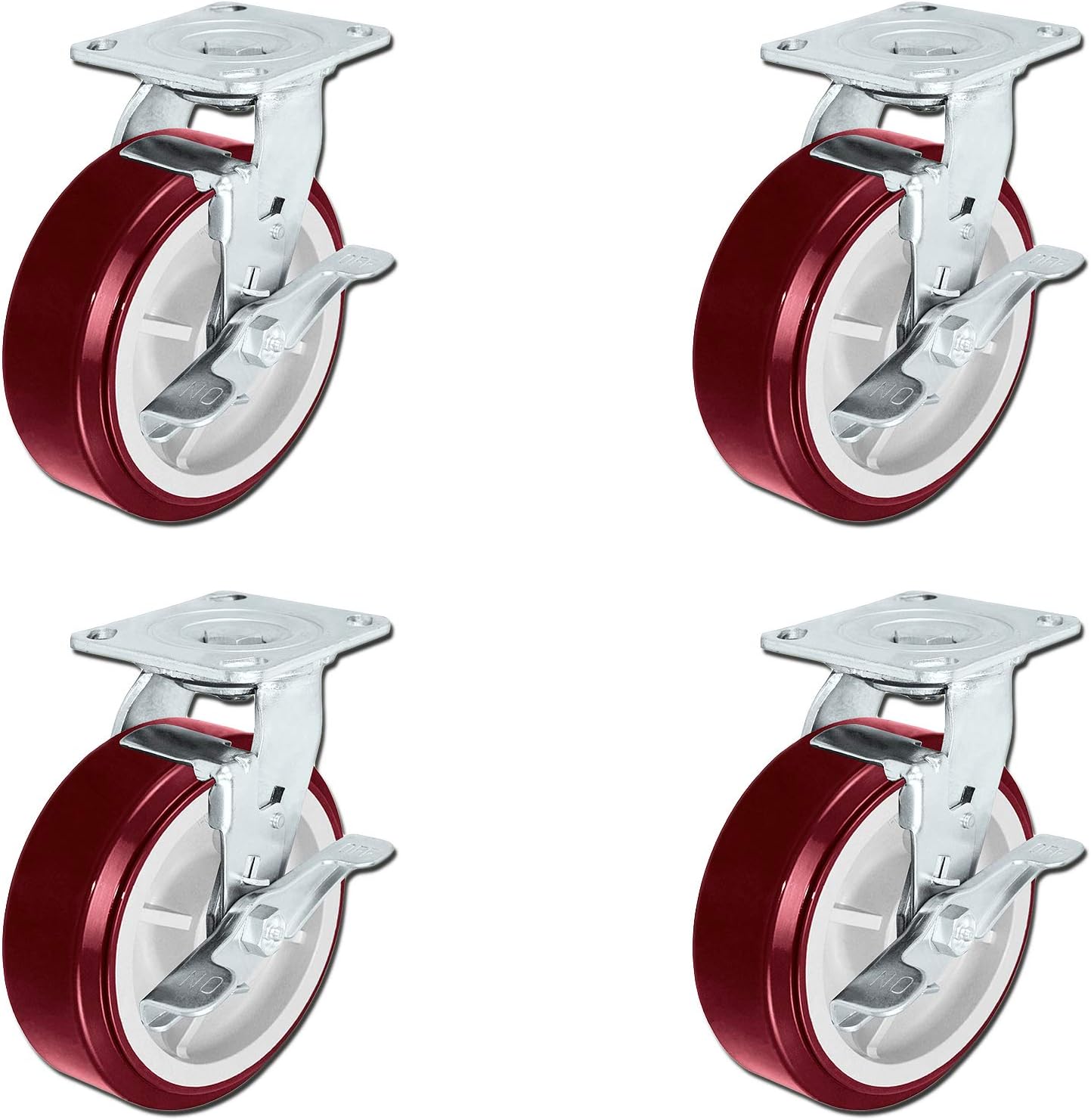 CasterHQ - 6" x 2" Heavy Duty Polyurethane Swivel Casters with Brakes, Pack of 4-3600lbs Total Capacity - Top Lock Brakes
