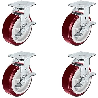 CasterHQ 6" x 2" Heavy Duty Polyurethane Swivel Casters with Top Lock Brakes, Set of 4, 3,600 lb Total Capacity, Tool Box and Equipment Casters