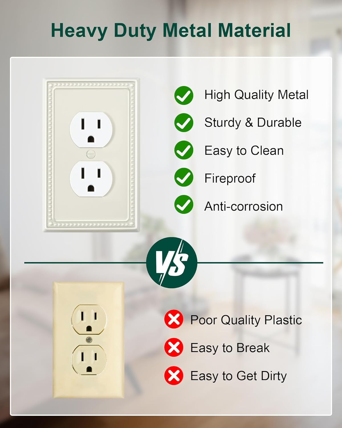 6-Pack Duplex Outlet Cover Plate, Light Almond Metal Wall Plates for Electrical Outlets, 1 Gang Receptacle Light Switch Cover, Pearls Decorative Switch Plates and Outlet Covers