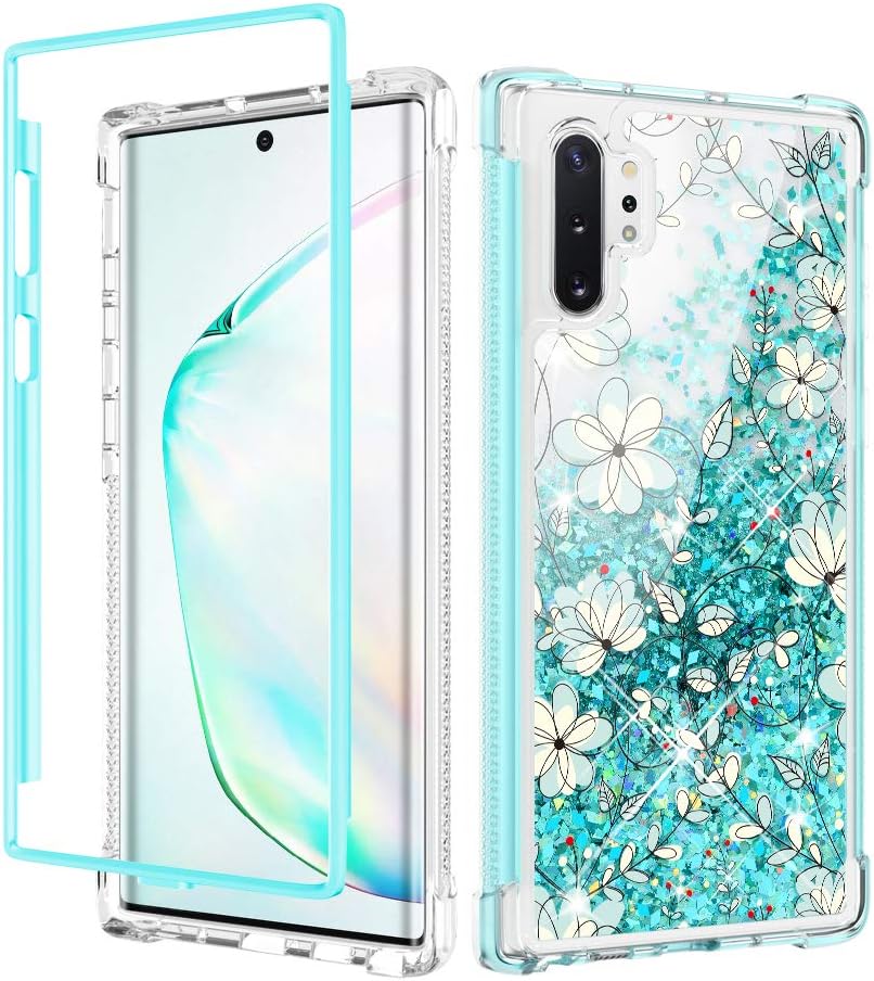 Caka Galaxy Note 10 Plus Case, Note 10 Plus Glitter Liquid Floral Full Body Case Bling Quicksand Girly Women Protective Bumper Case Without Screen Protector for Galaxy Note 10 Plus 5G (Light Blue)