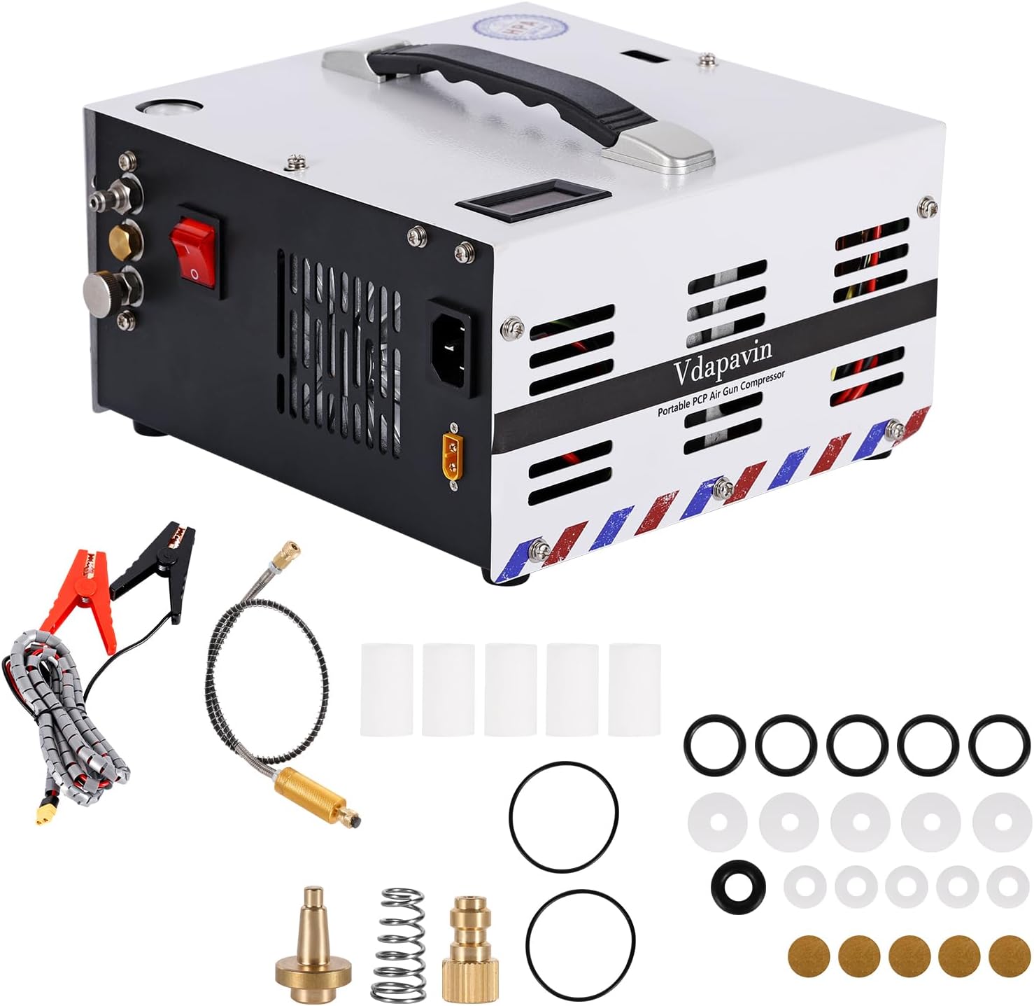 Vdapavin Pcp Air Compressor With Built-In Power Adapter,Oil/Water Free,Compact And Portable,4500psi/30mpa, Powered By 110v /220v Ac Or 12v Dc,Air Gun And Paintball/Scuba Tank Compressor Pump