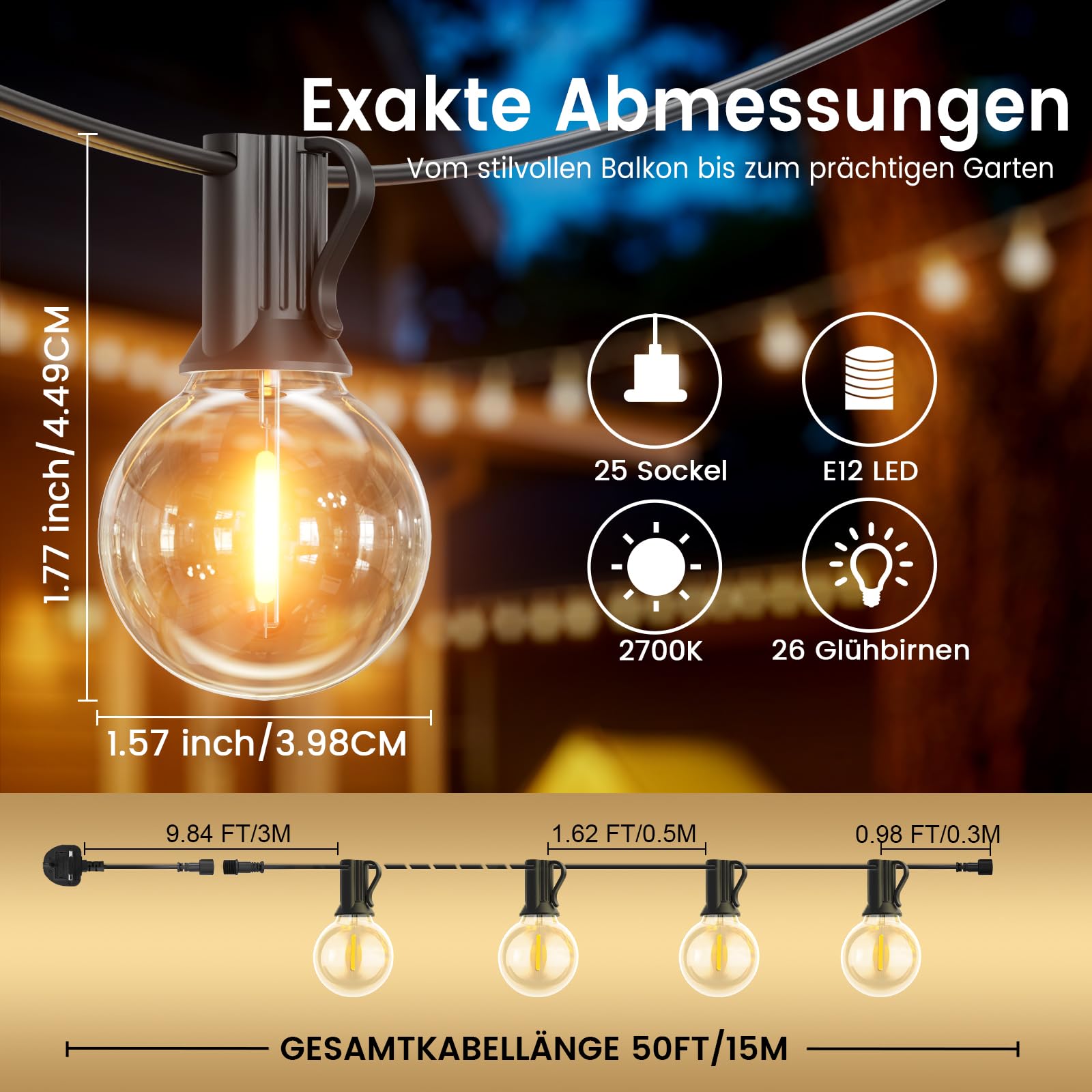 Lichterkette Außen Strom 15M mit 25+2 G40 LED Glühbirnen Outdoor Lichterkette Aussen 2700K Warmweiß IP45 Wasserdicht Lichterkette für Garten, Terrasse, Partys