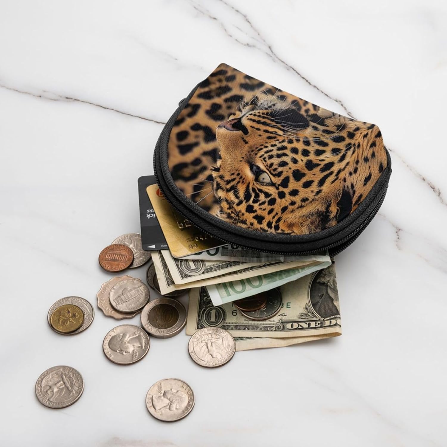 Wild Leopard Animal Printed Coin Purse for Women Cute Small Change Wallet Mini Coin Purses Pouch with Zipper