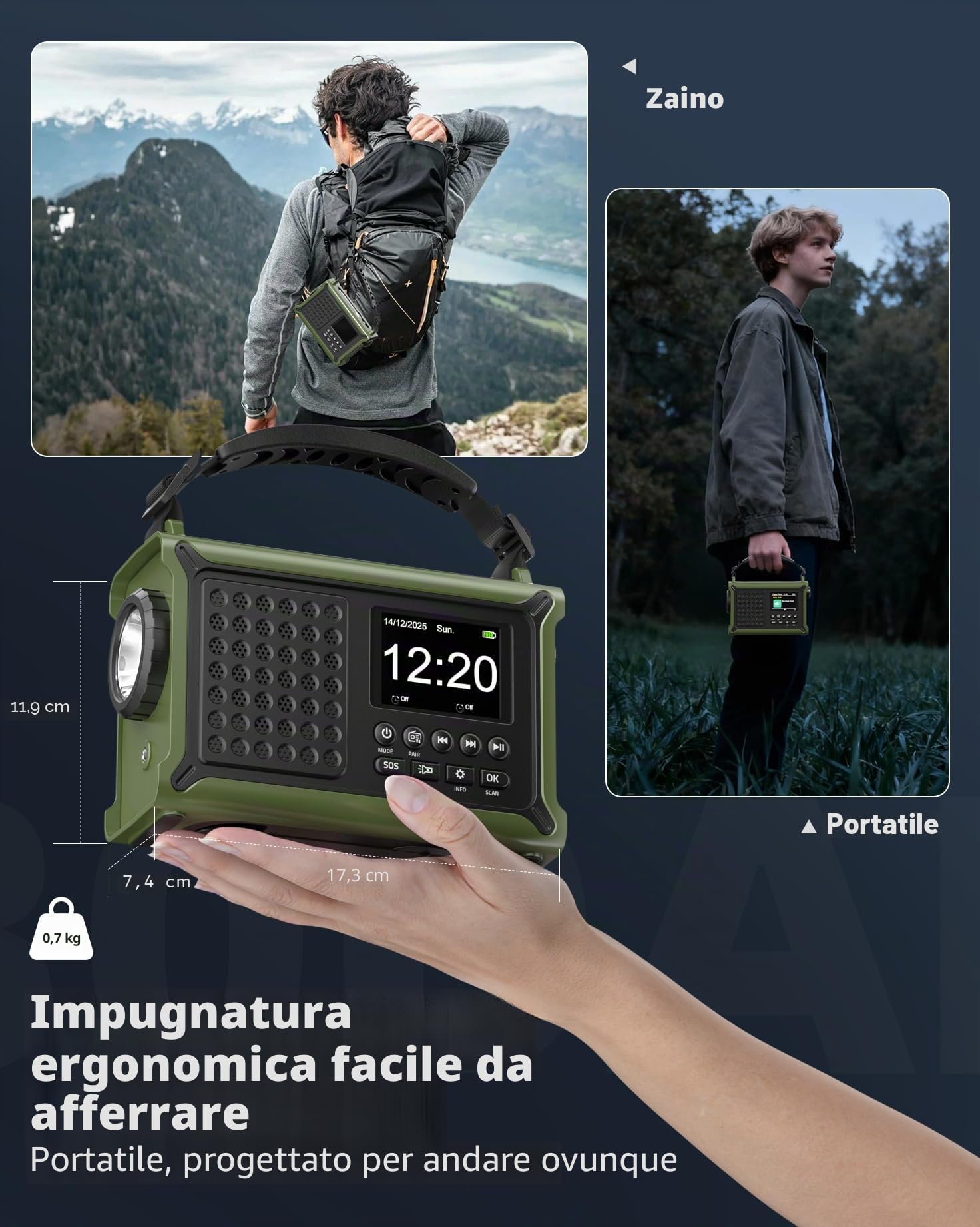 Radio a manovella da 12000 mAh, DAB+/FM, radio di emergenza con pannello solare da 8500 mm² e dinamo a manovella da 650 mA, radio solare con Bluetooth 5.0, torcia e caricabatterie, USB, SOS, radio