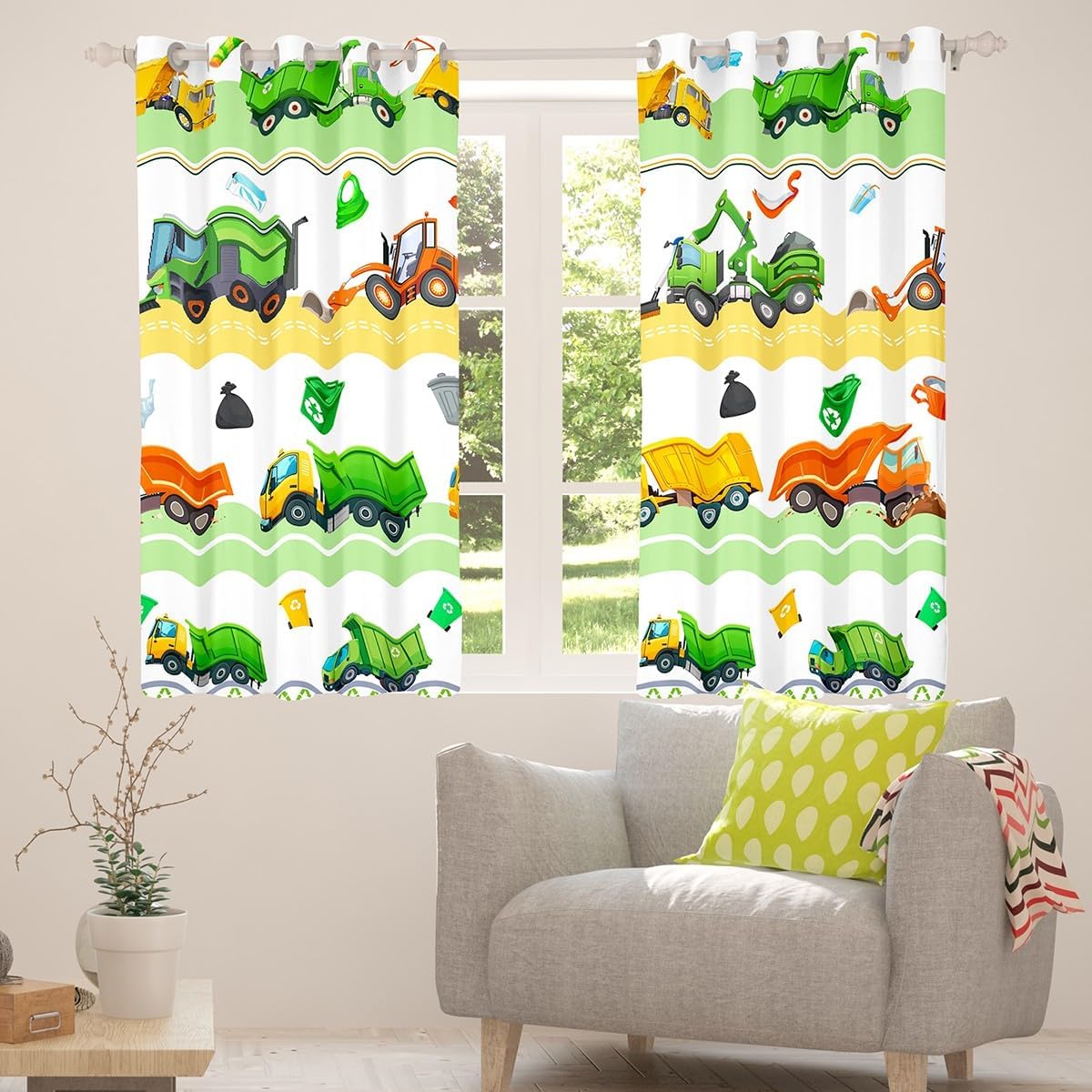 Garbage Trucks Kids Blackout Curtains,Cartoon US Garbage Trucks Toddler Window Drapes for Boys Girls Adults,Green Vehicles Fashion Bright Chic Window Treatments Grommet Top 2 Panel Set,38Wx45L inch