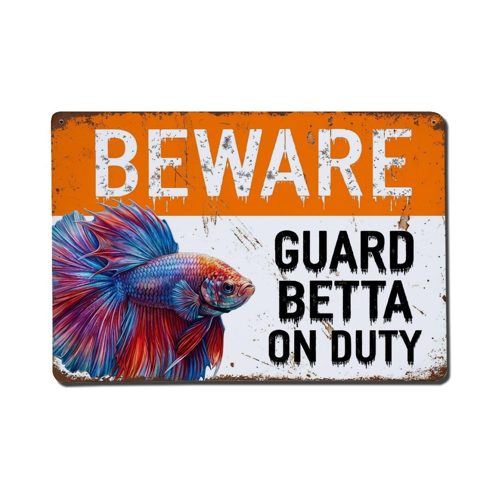 Vintage Funny Betta Guard Beware of Fish Garden Metal Tin Sign Plaque Wall Decor for Cafe, Club Bar, Office, Garden Metal Poster 8x12Inch