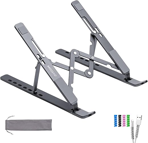 Laptop Stand for Desk with 7 Adjustable Angles, Aluminum Ergonomic Foldable Portable Compatible with All Brands 6-17.3 [with Pouch] [with Wire Protectors] (Metallic Grey)