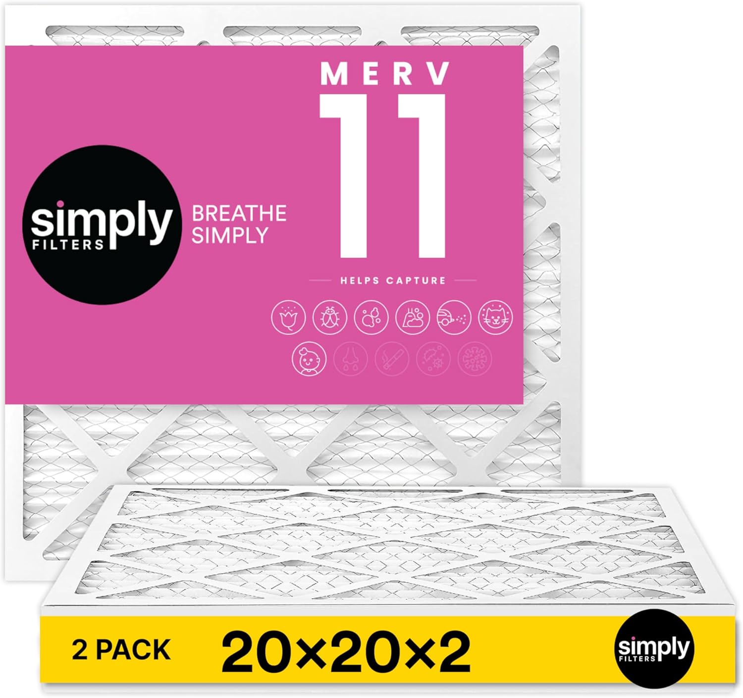 Simply 20x20x2 Air Filter, MERV 11, 2 Pack, Furnace Air Filter for HVAC (Actual Size: 19.5"x19.5"x0.75") DUST, Pet & Allergy Control