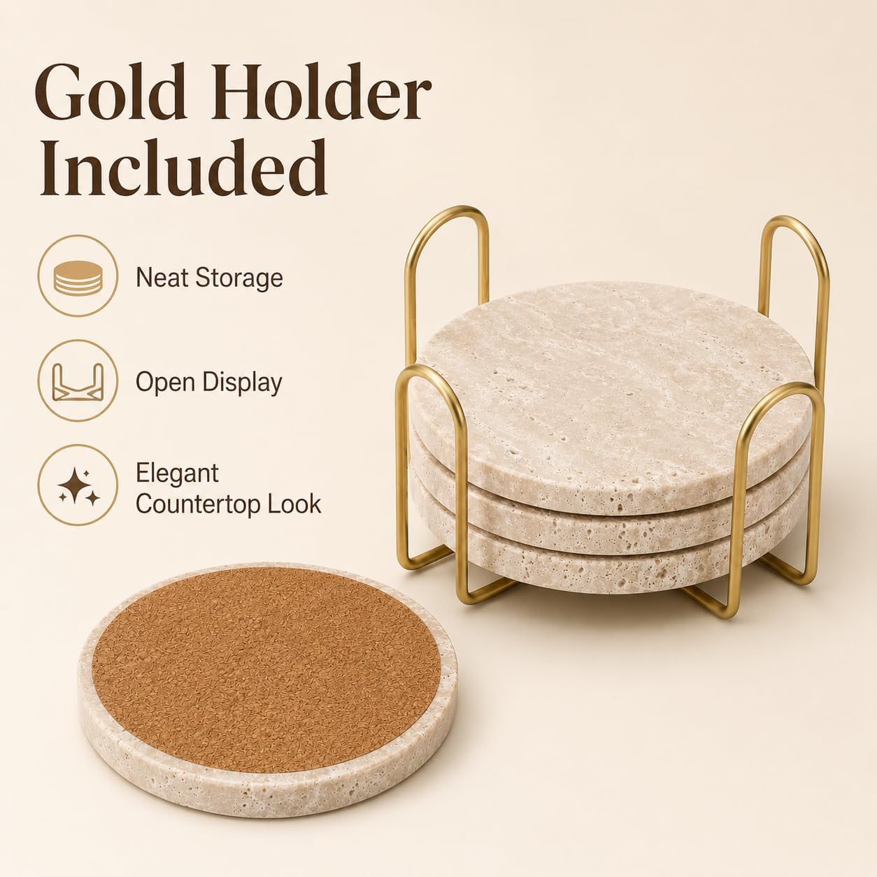 Travertine Coasters with Gold Holder, Set of 4 Natural Stone, Cork Backing