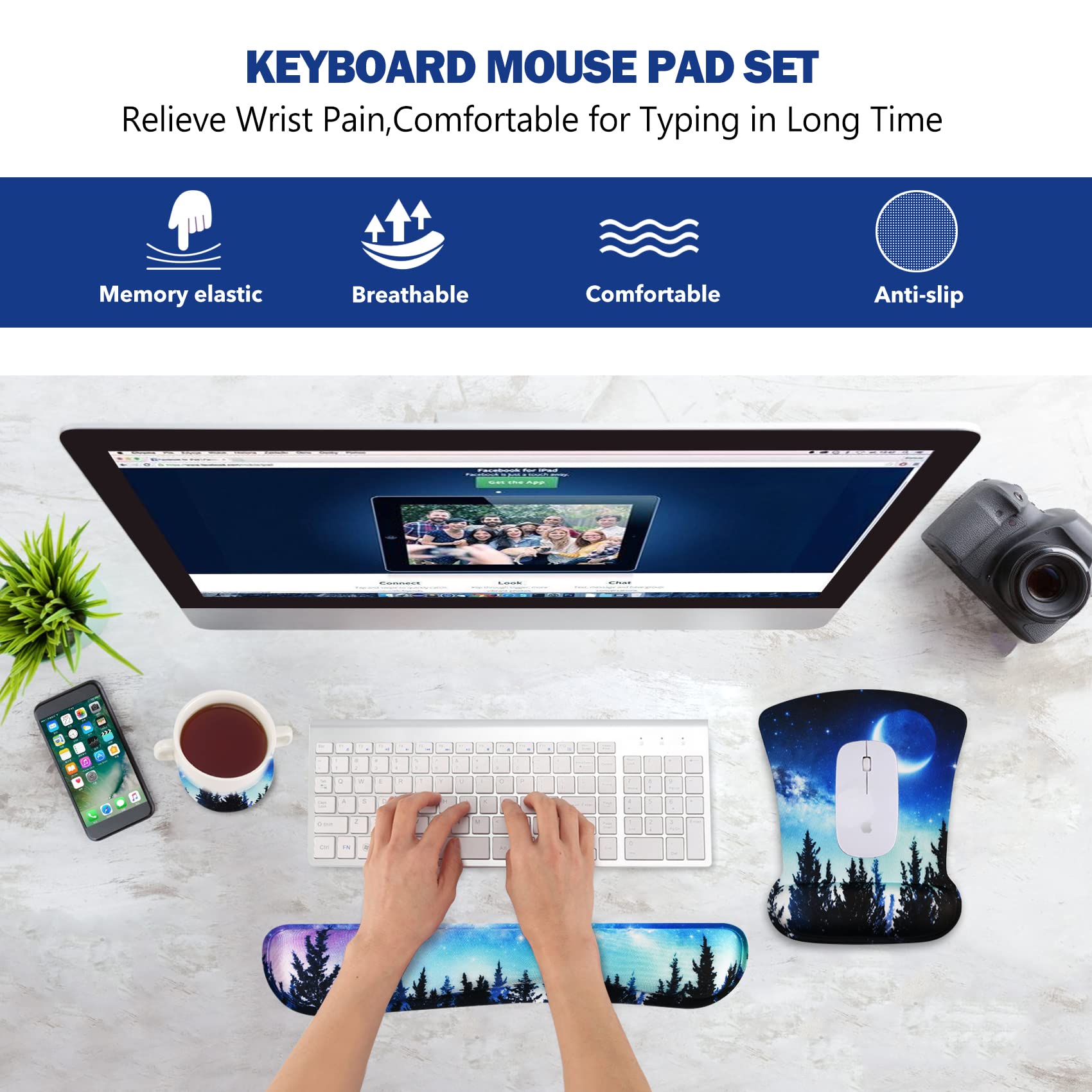 AIMSA Reposamuñecas ergonómico para teclado y alfombrilla para mouse con soporte de muñeca, base de goma antideslizante de espuma viscoelástica, para juegos, trabajo, hogar, oficina, fácil escritura