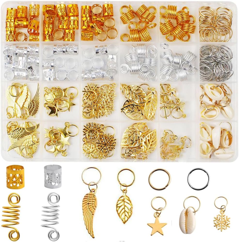 220 Pcs Hair Jewelry for Women Braids, Dreadlock Jewelry, Aluminum Dreadlocks Beads Metal Hair Cuffs Hair Rings Shell Heart Butterfly Charms Hair Coils Braiding Hair Pendants Decoration Clips