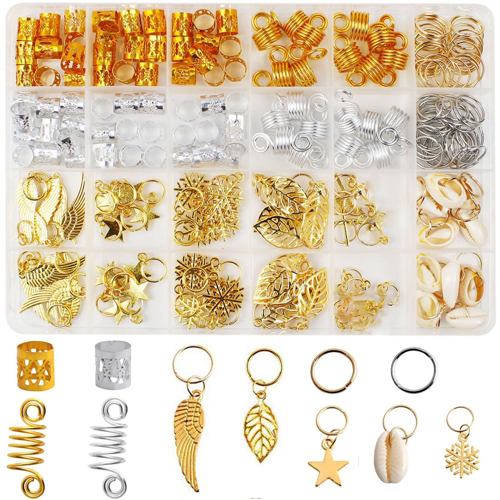 220 Pcs Hair Jewelry for Women Braids, Dreadlock Jewelry, Aluminum Dreadlocks Beads Metal Hair Cuffs Hair Rings Shell Heart Butterfly Charms Hair Coils Braiding Hair Pendants Decoration Clips