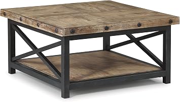 Flexsteel Light Brown Square Coffee Table with Metal Frame and Exposed Bolt Heads