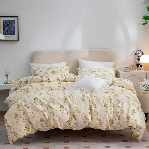 Juego de funda de edredón tamaño King floral, 100% algodón, 3 piezas, juego de ropa de cama tamaño King, diseño de flores amarillas estilo jardín,