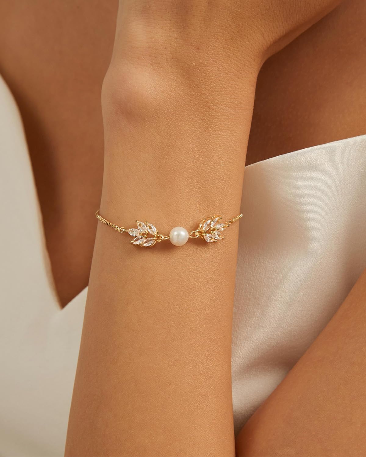 Pearl Bracelet - 14k Gold/White Gold Plated Dainty Cubic Zirconia CZ Accented Pearl Bracelets for Women Bridal Wedding