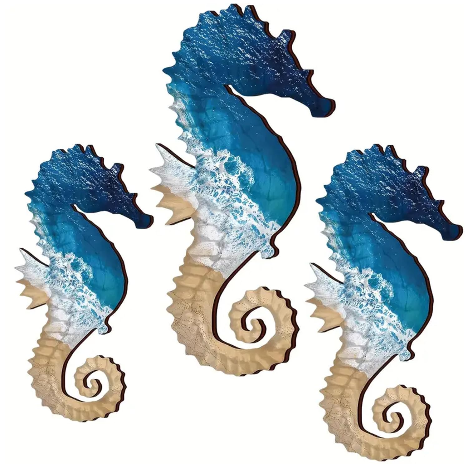 Ltstor Juego de decoración de pared de caballito de mar de 3 piezas, diseño de caballito de mar de madera, adecuado para villas costeras, vallas, baños, playa, decoración de paredes interiores y
