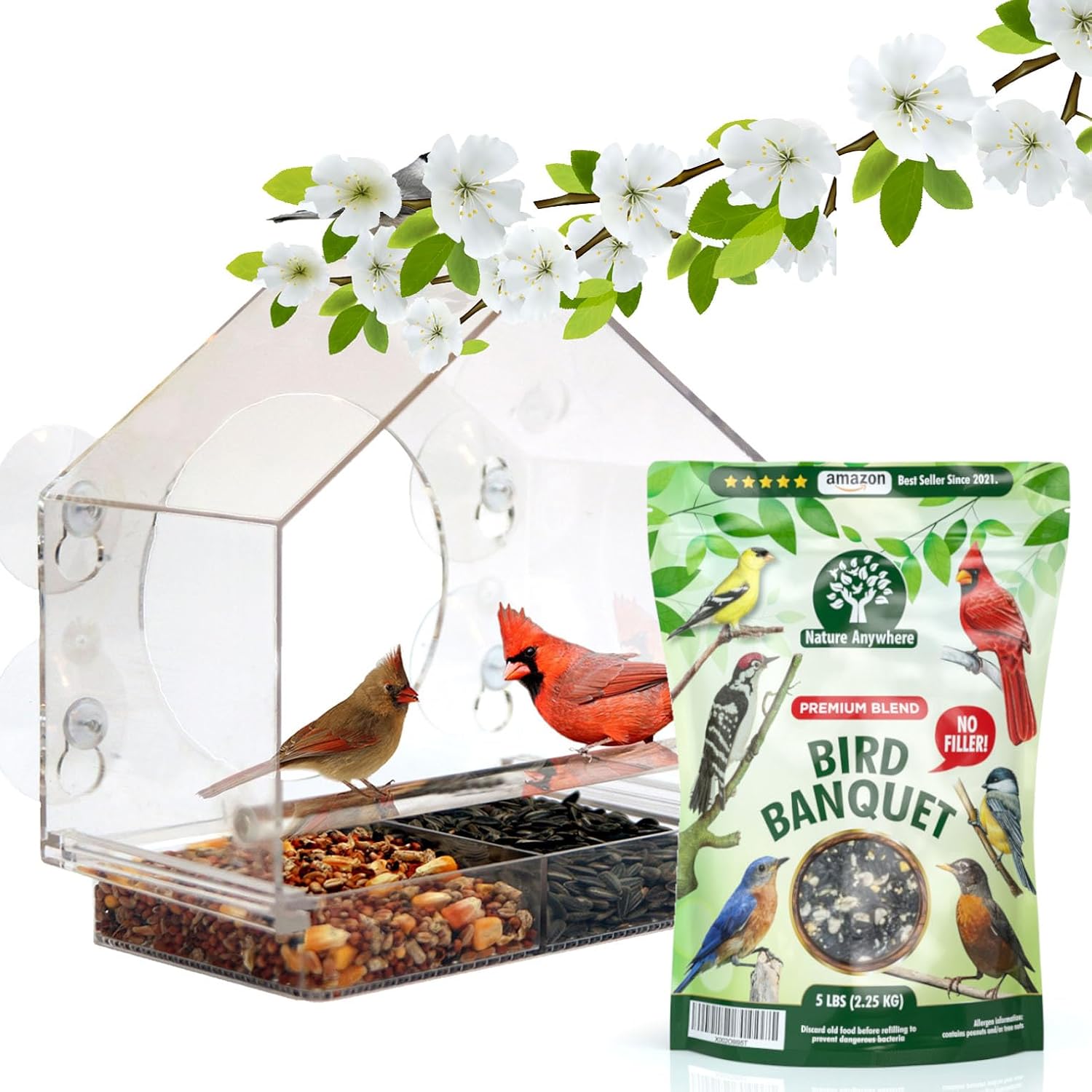 Nature Anywhere Birds-I-View Window Bird Feeder with a 5LB Bag of Bird Banquet Premium Seed