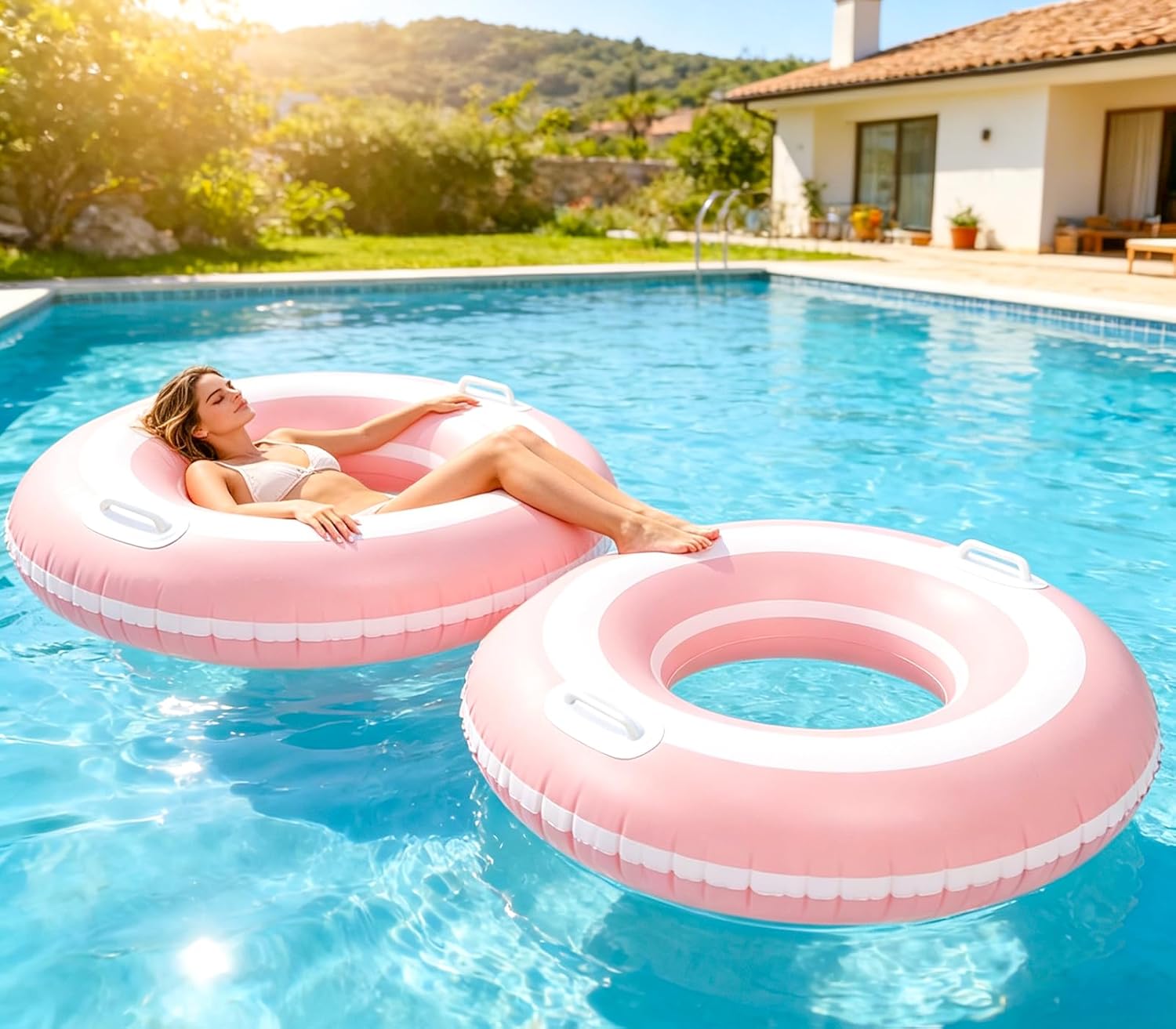 Giant Pool Floats for Adults- 2 Pcs Classic Striped Inflatable Pool Floats with Handles-Extra Large Floaties Pool Tubes Swimming Rings Pool Loungers for Adult Teen