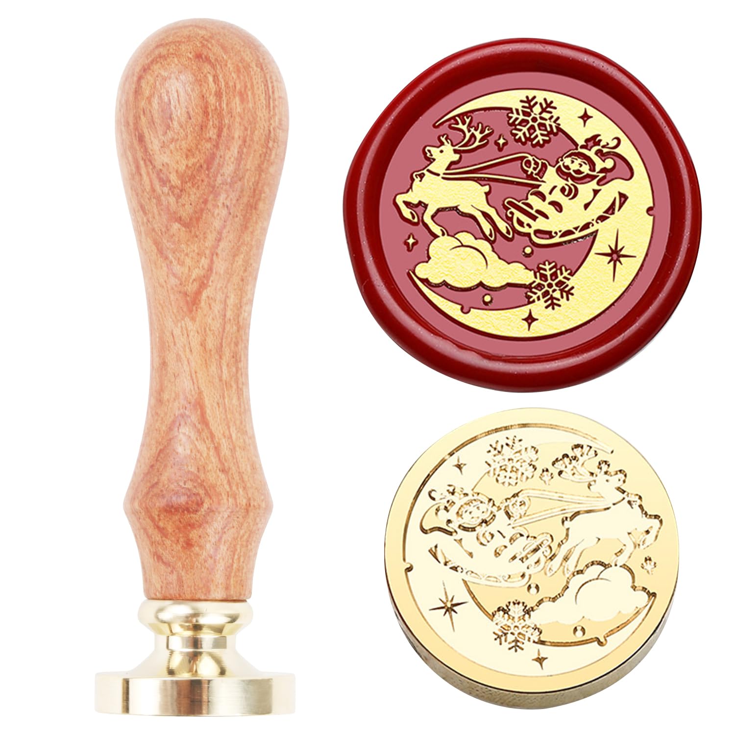Christmas Wax Seal Stamp, Santa Claus Sealing Wax Stamp with Moon, 1.0inch Removable Brass Head Sealing Stamp with Wooden Handle for Christmas New Year Envelopes Wedding Invitation Decoration (C02)