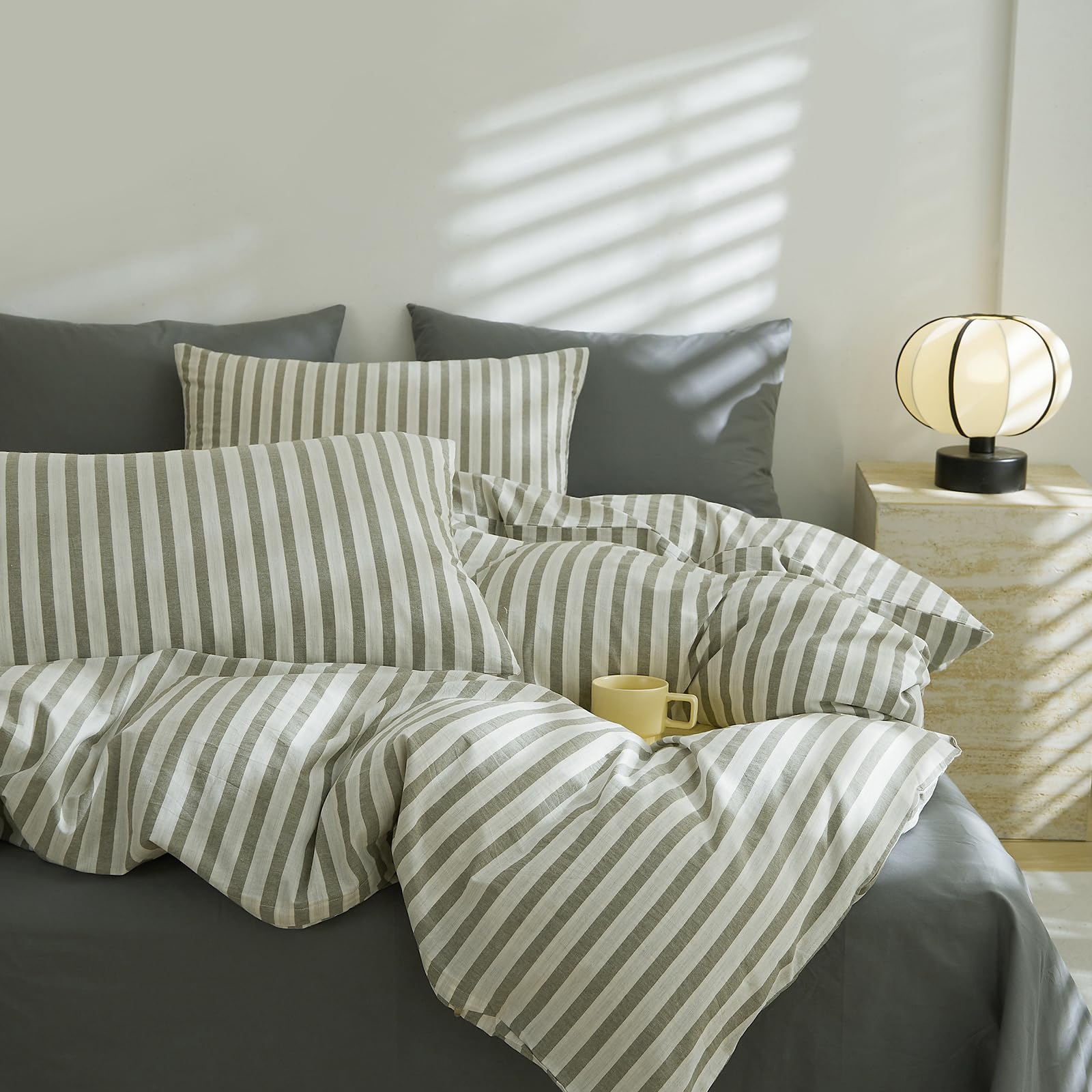 3 Pieces Striped Duvet Cover Set Full, 100% Cotton White Grey Stripes Pattern Printed Comforter Cover, Farmhouse Striped Bedding Set Soft Breathable Duvet Cover with 2 Pillowcases for All Seasons — image 1