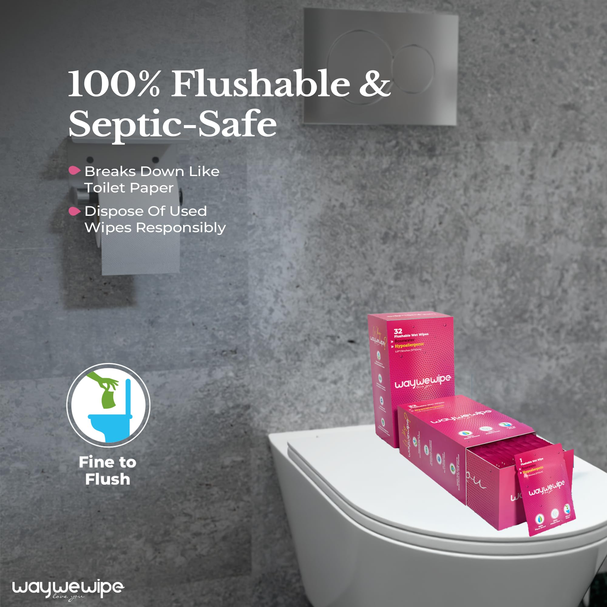 On-The-Go Flushable Feminine Wet Wipes, 32 Count XL Individually Wrapped Female Wipes, Hypoallergenic 100% Plant Based Septic Safe, Travel Size Adult Cleansing Cloth for Women, Rosewater