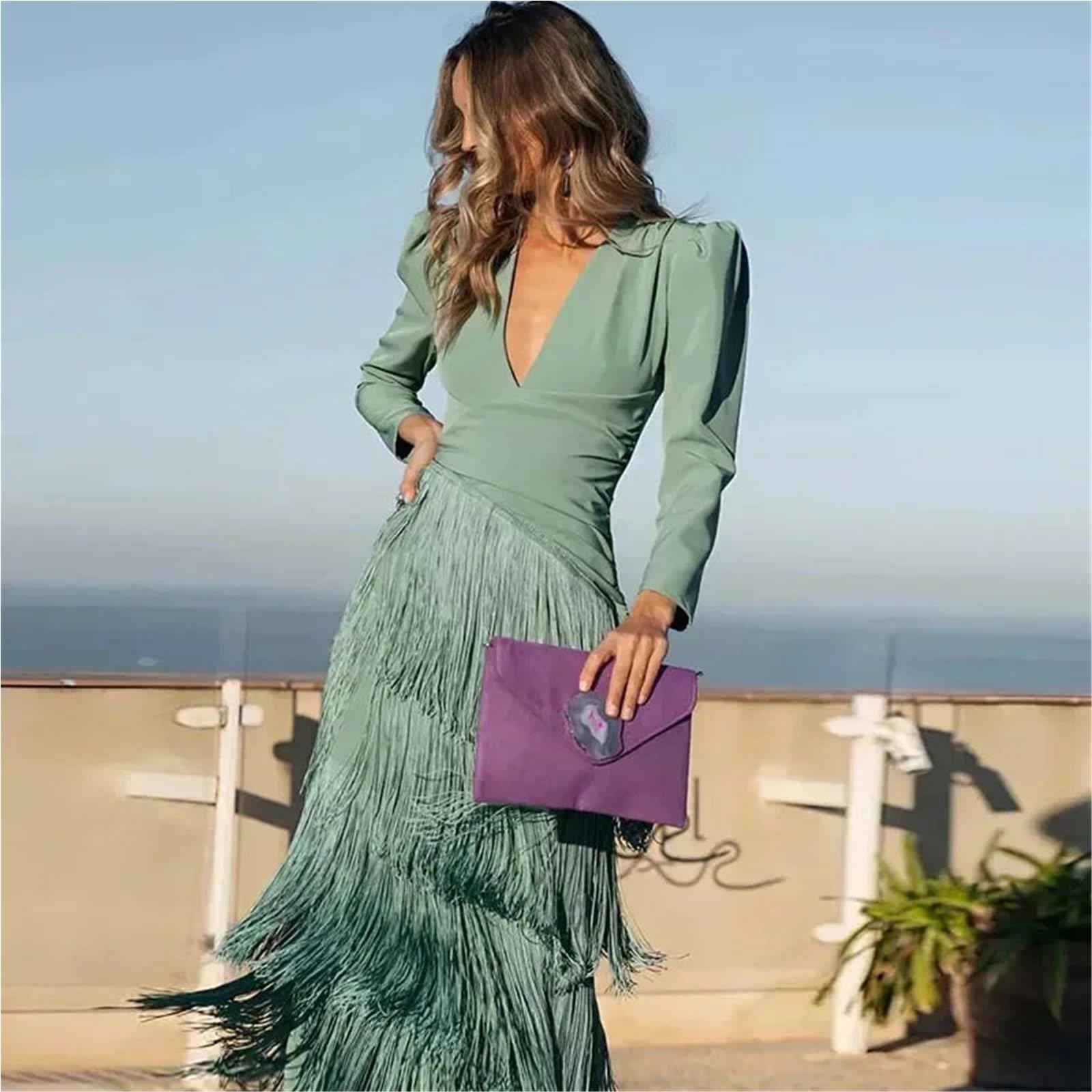 Elegant Deep V Neck Slim Prom Dresses Spring Solid Spliced Tassel Long Dress Woman Autumn Maxi
