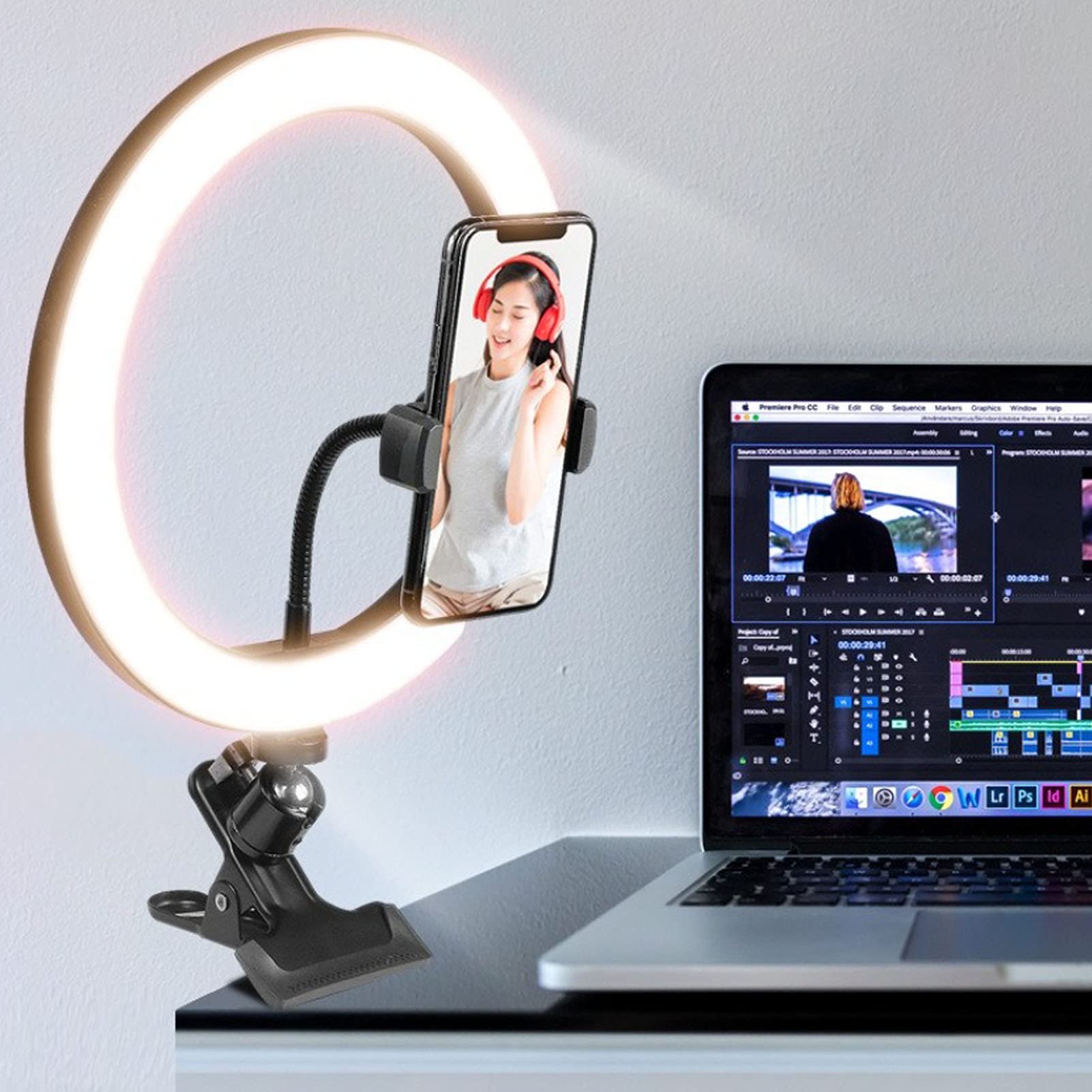Anello luminoso per selfie da 10 pollici, con morsetto e supporto per telefono, set di illuminazione per videoconferenze USB per scrivania, computer, computer portatile/monitor/trucco/YouTube