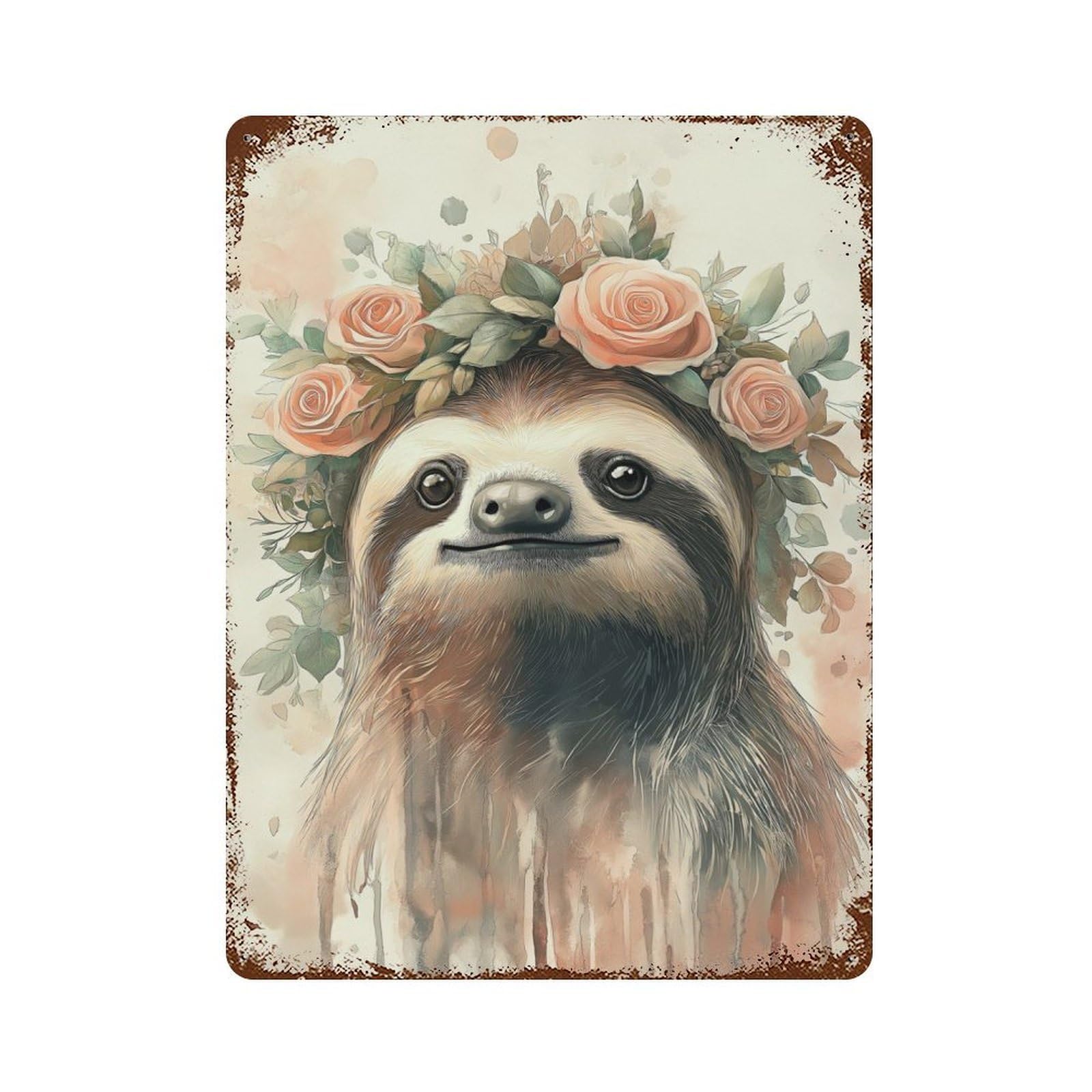 Rust Effect Sloth with Floral Crown Rusty Metal Tin Sign 15.7"x11.8", Rustic Home Decor for Living Room, Hallway And Home Decor
