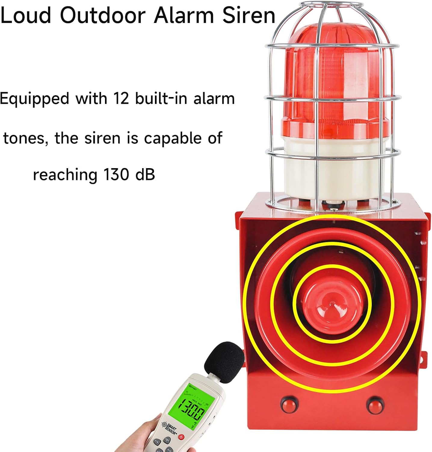 Alarm Siren Waterproof Indoor/Outdoor Security Emergency Adjustable 130dB Loudest Sirens with Beacon Light Protective Net Plug for Factory, Office, Warehouse, School AC110-120V