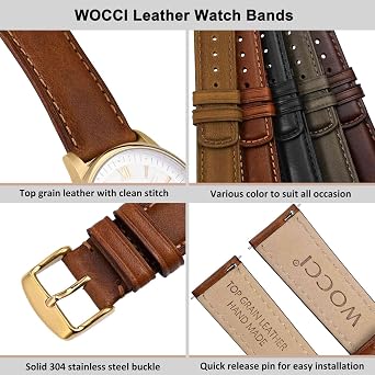 WOCCI Quick Release Watch Strap for Men and Women, Vintage Top Grain Leather, Band Width 18mm 19mm 20mm 22mm 24mm