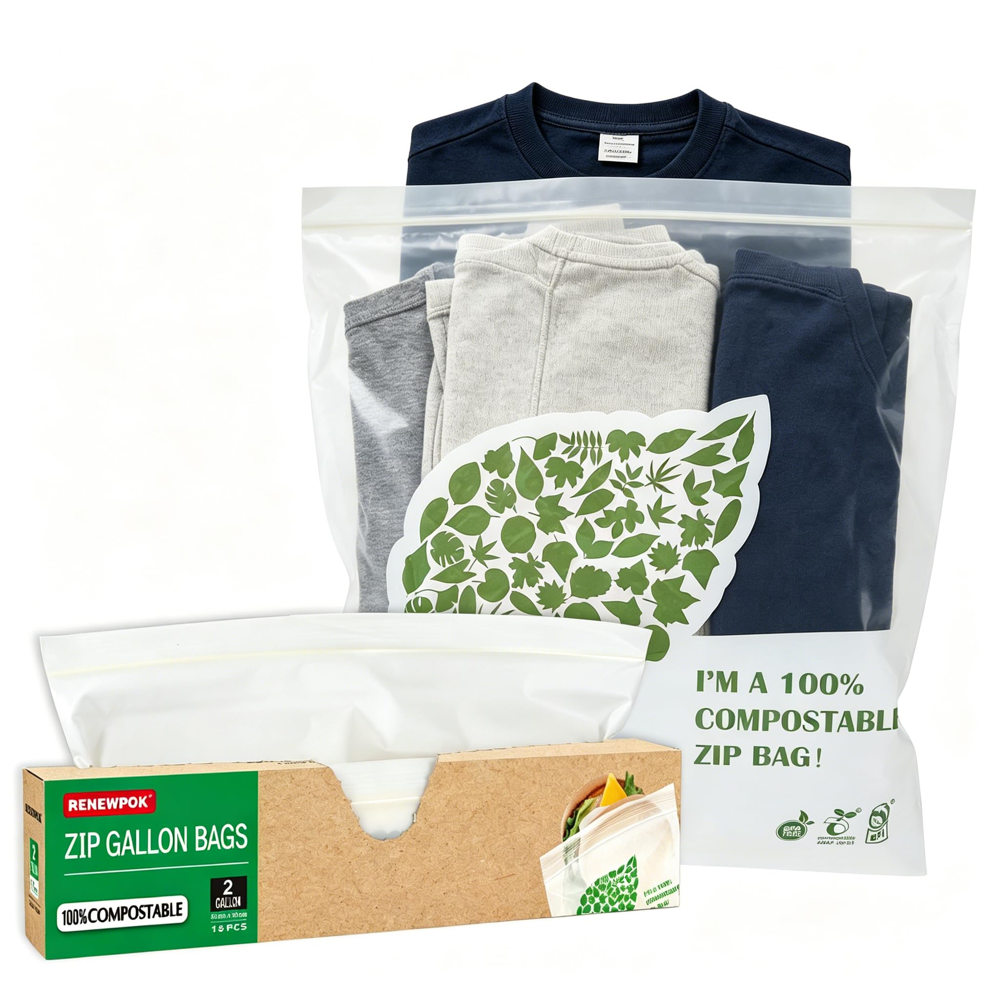 100% Compostable 2 Gallon Bag Extra Large Compostable Zip Bags, (Eco Zip) Eco Bags for Kitchen Storage, Household Organization, Camping & Commercial Use 32×42cm/Bag 15Pcs