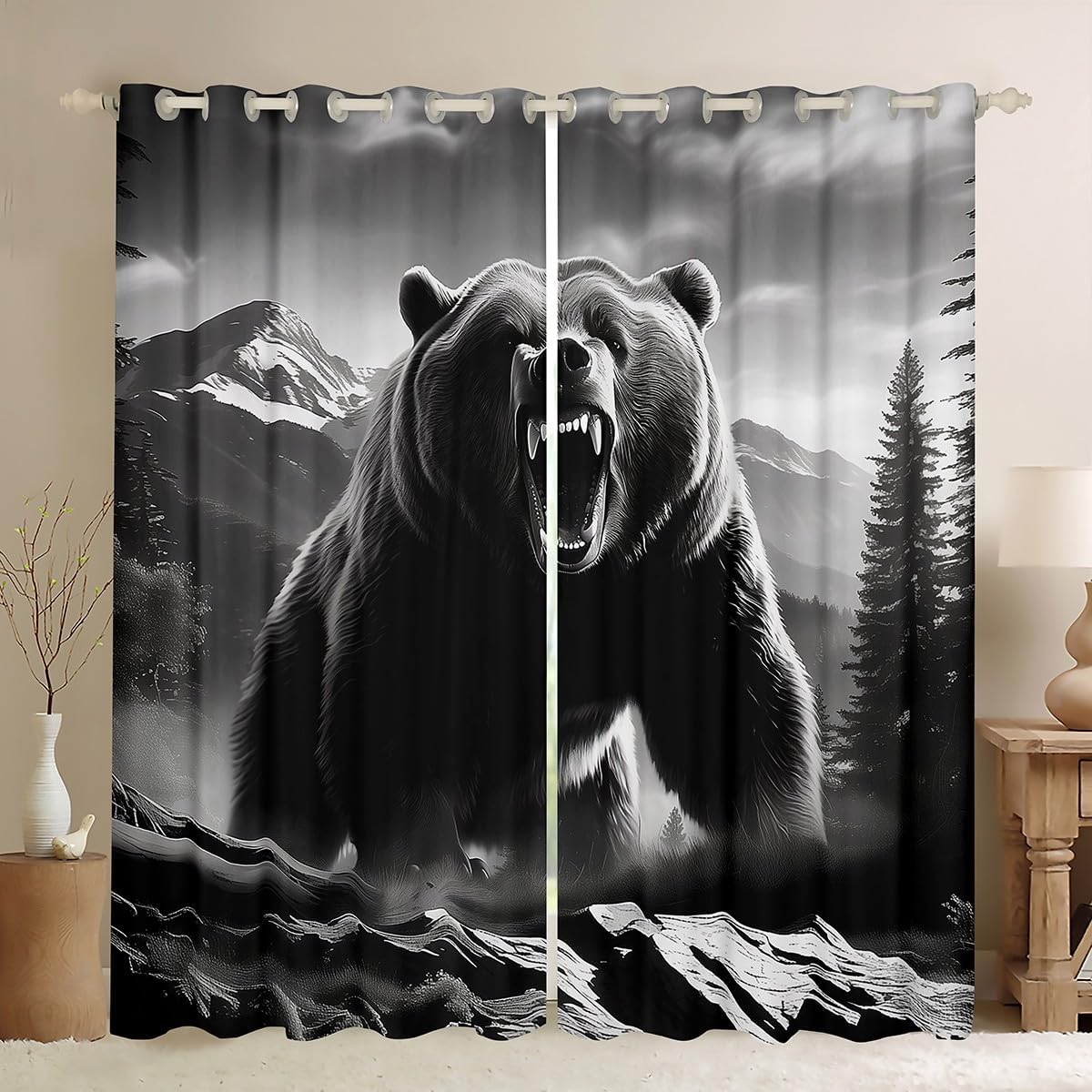 Manfei Howling Bear Windows Drapes Blackout Light,Rustic Wild Animal Lodge Black Bear Curtains for Living Room,Natural Mount Pine Trees Gray Black Window Drapes 38Wx54L Set of 2