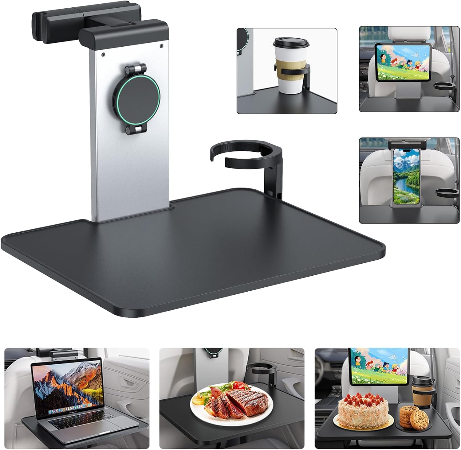 Versatile Car Mount Table Board for Backseat Headrests，Built-in Magnetic Phone/Laptop/iPad Mount，a Cup Holder and a Foldable Table Board， for in-car Work，Dining and Entertainment (PB-201)