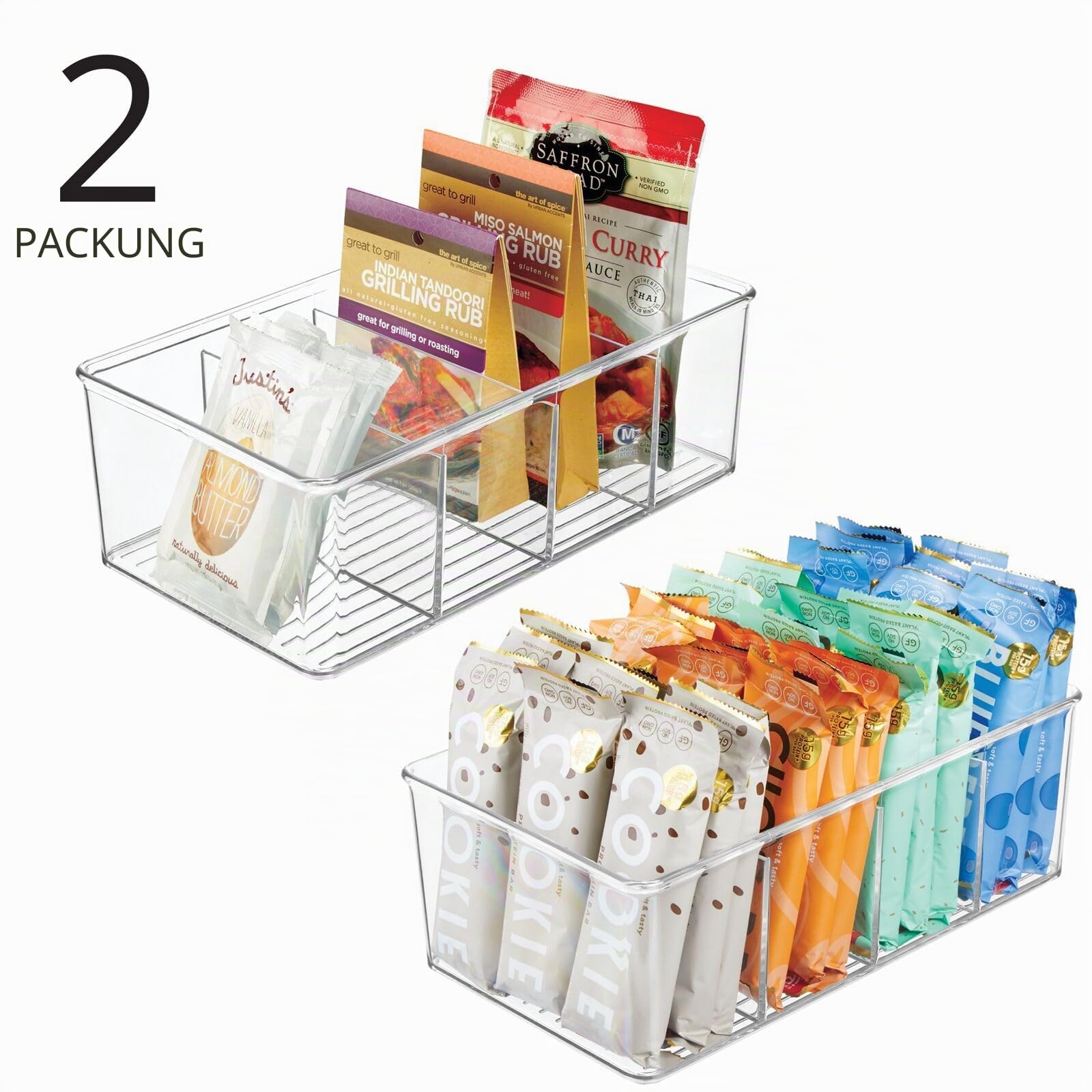 mDesign Stapelbare Aufbewahrungsbox (2er Set) - praktischer Aufbewahrungskorb aus Kunststoff mit 4 Fächern - moderne Küchenaufbewahrung für Suppen, Gewürze, etc. - transparent