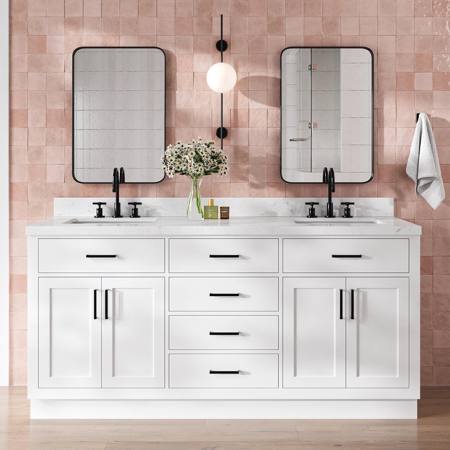 DKB Isabella 72 Inch Bathroom Vanity Double Sink — White Bathroom Vanity with Sink, 1.5" Edge Carrara White Quartz Countertop & Backsplash, 4
