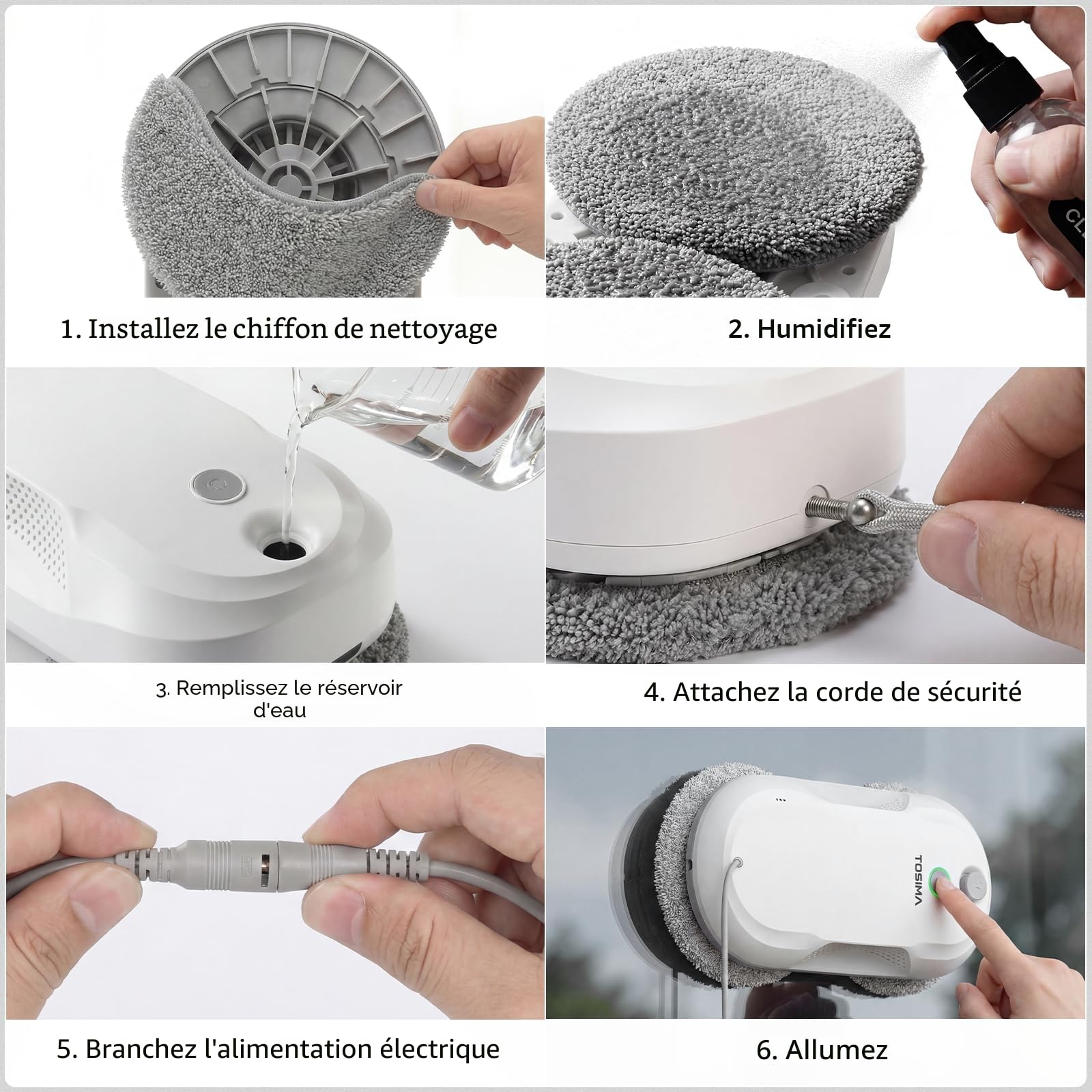 Tosima W5 Pro 6400 Pa Robot Laveur de Vitre, Double Pulvérisation d'eau Ultrasonique, Nettoyeur de Vitre Automatique, Télécommande, 20 Chiffons en Microfibre (Blanc Pur)
