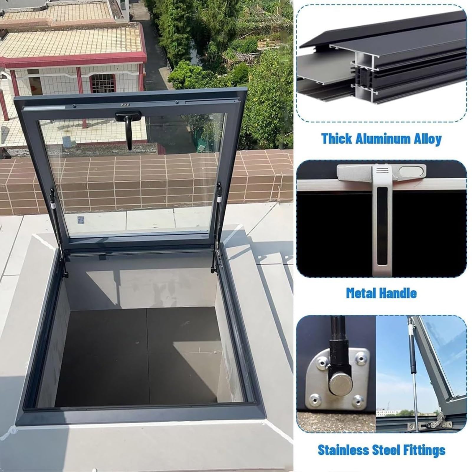 Finestra da tetto trasparente ventilata manuale per tetti di casa, ideale per illuminazione naturale in centri commerciali, bar e palestre (100 x 100 cm)