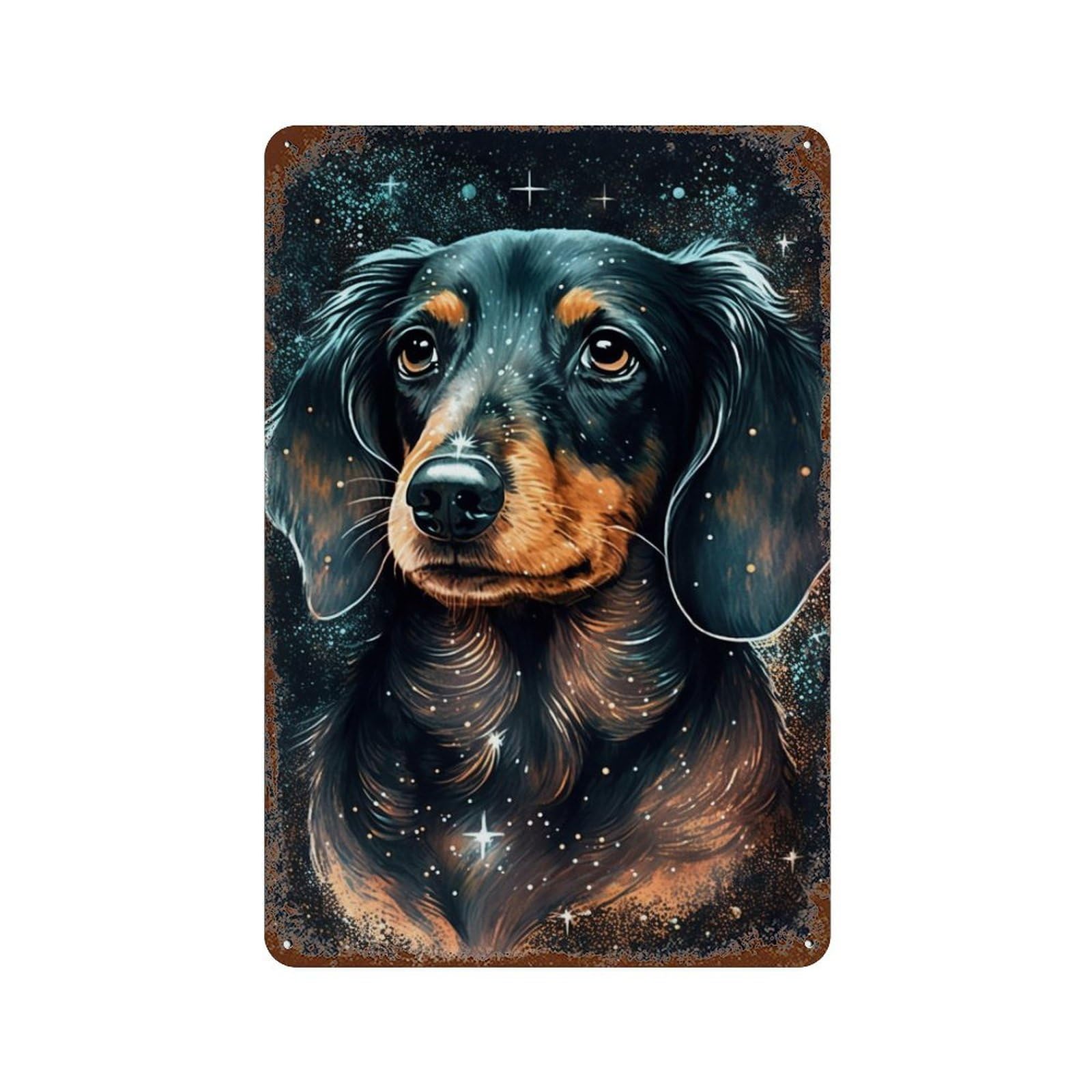 Galactic Dachshund Art Print Rust Effect Tin Sign 11.8"x7.9", Farmhouse Wall Decor for Living Room, Hallway And Home Decor