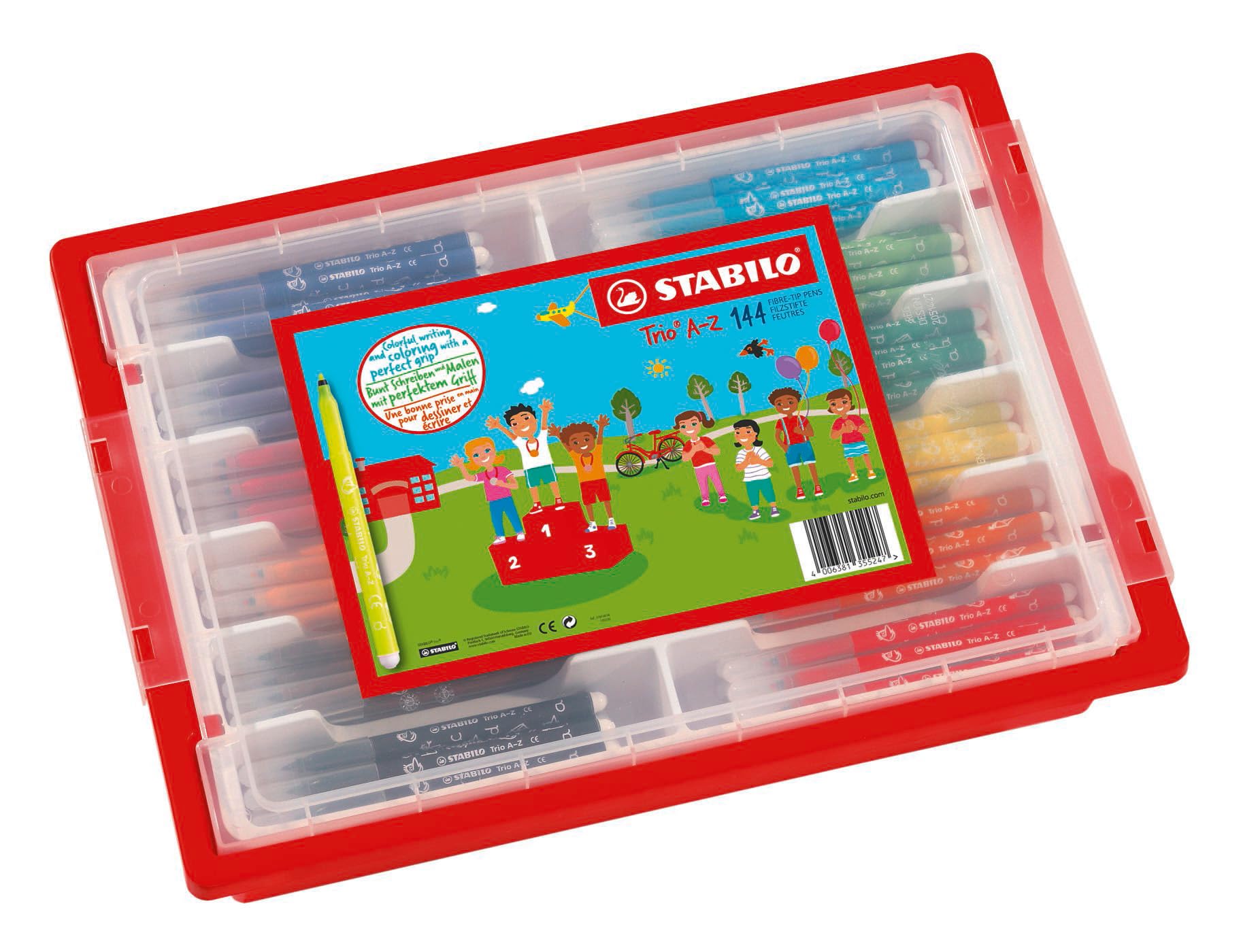 STABILO Trio A-Z - Fibre-Tip Pen with Triangular Grip Zone - Classpack of 144 - with 12 Assorted Colours