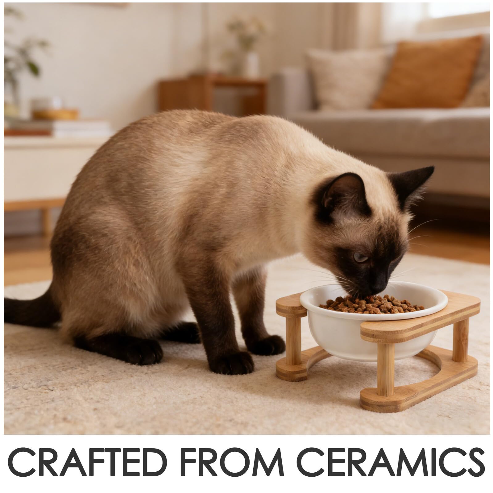 Abaodam Gamelle Surélevée en Céramique 600 ML pour Chats et Petits Chiens avec Support en Bois Blanc Anti-basculement, Bol D’Eau Nourriture pour Alimentation Intérieure et Extérieure
