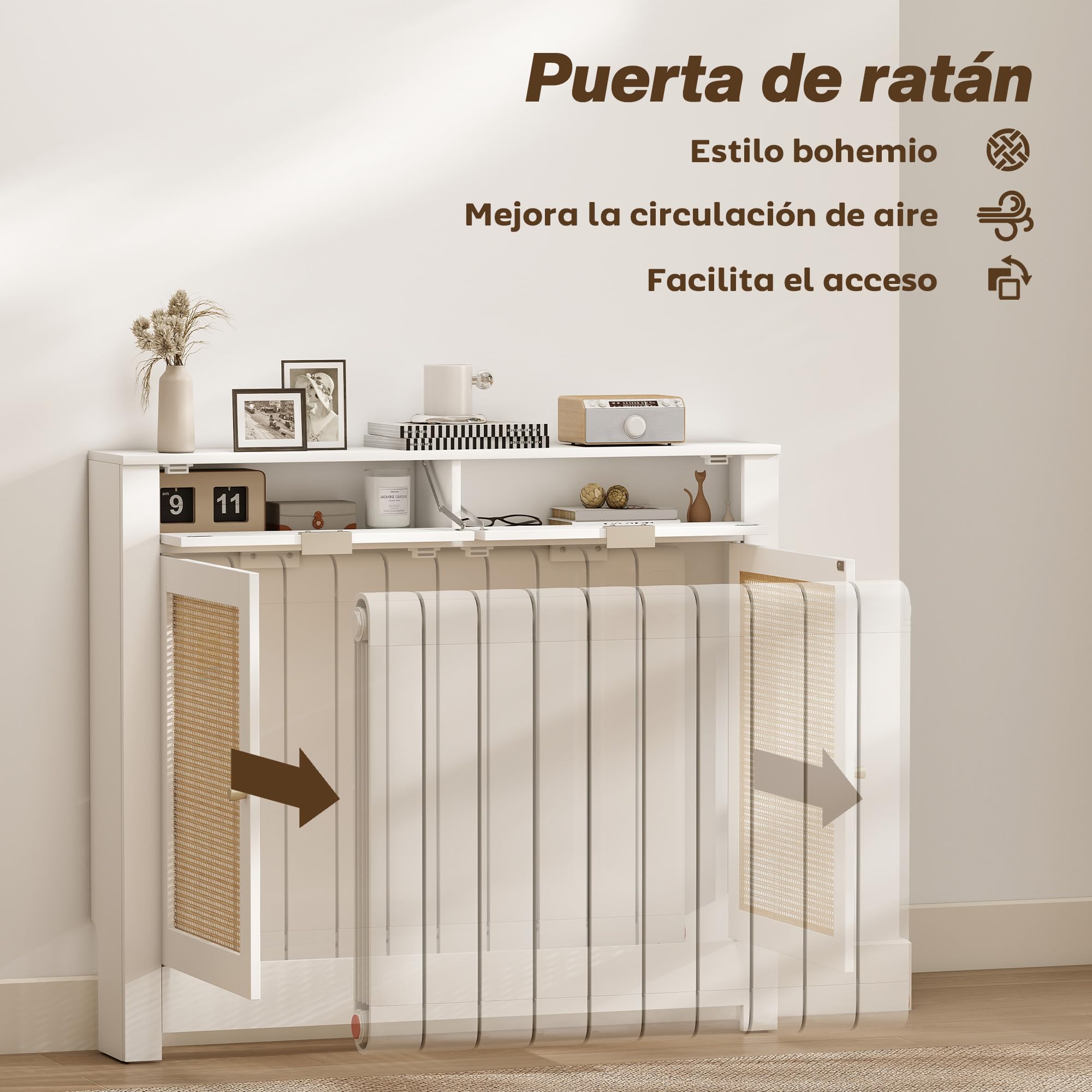HOMCOM Cubre Radiadores con Puerta Abatible y Ratán 111x19x95,5 cm Blanco | Cubreradiador de MDF, Cubierta para Radiador, Compartimento, Diseño Bohemio, para Salón, Dormitorio