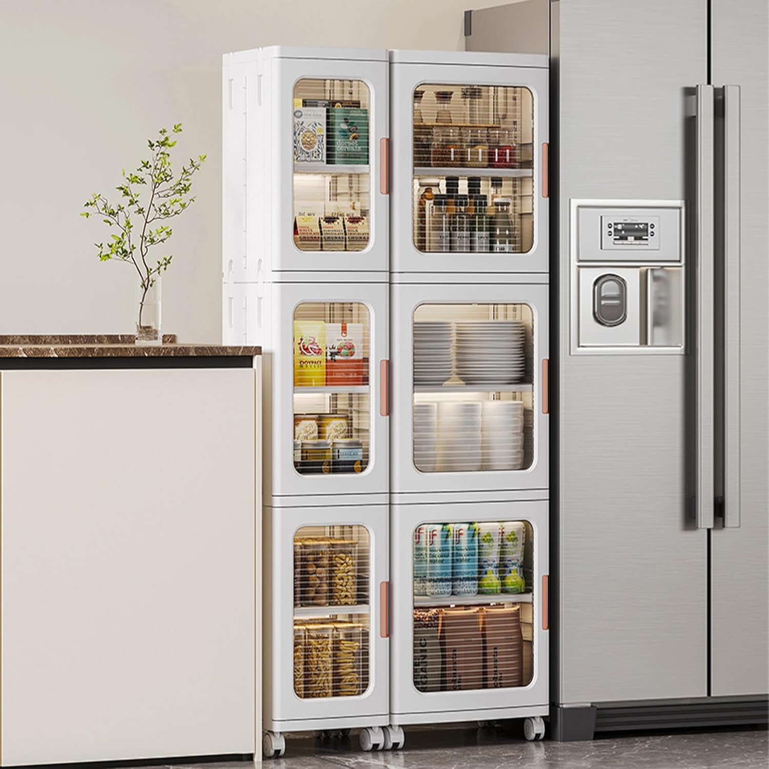 Tall Narrow Storage Cabinet with Transparent Doors and Movable Wheels,Plastic Foldable Storage Box for Small Space, Bathroom, Kitchen(4Tier,White)