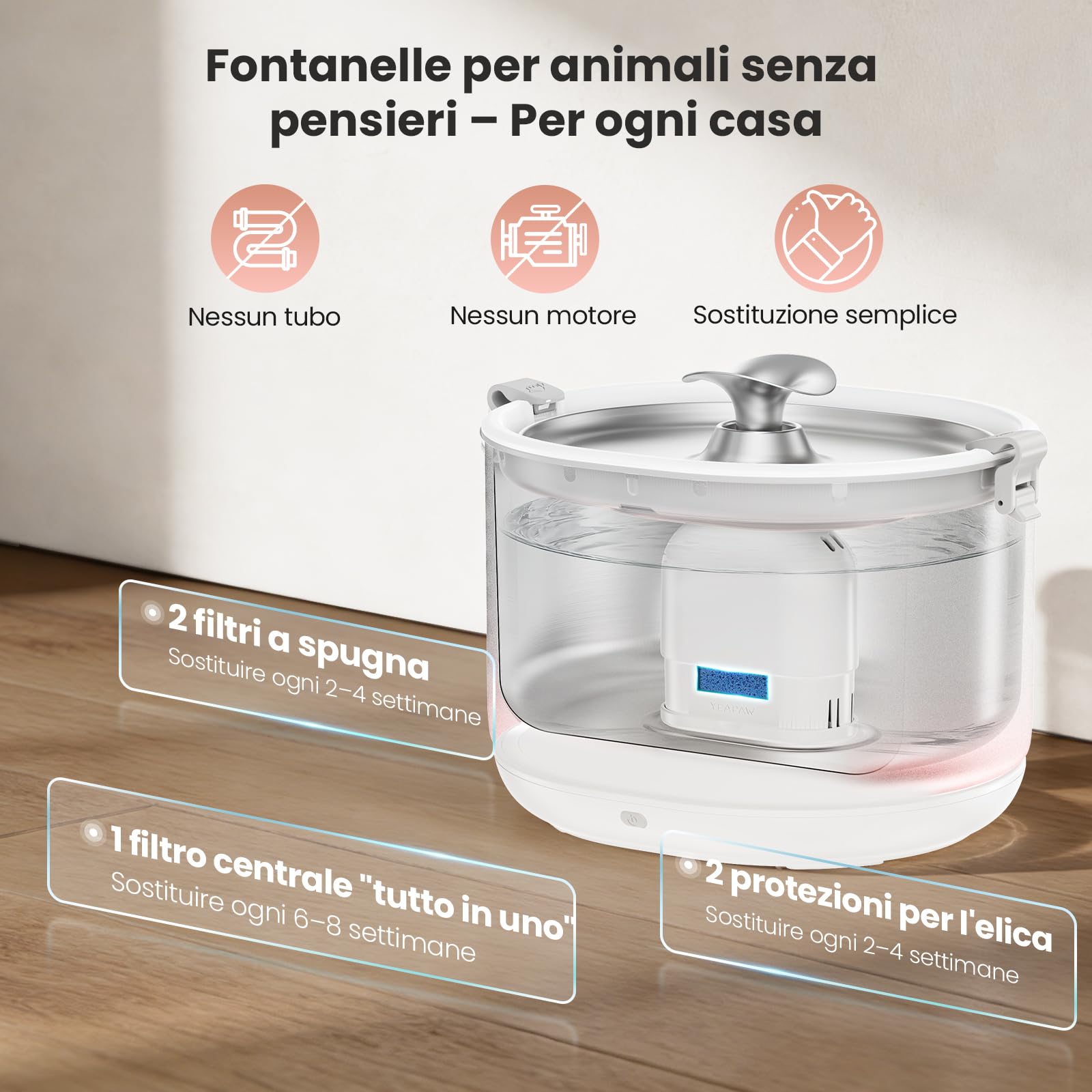 Fontaine à eau pour chat sans pompe Bac et bol en acier inoxydable Fontaine d'eau sans Fil pour animaux 2,5 L, Distributeur intérieur pour chats, Facile à nettoyer, Sans BPA, Bianc