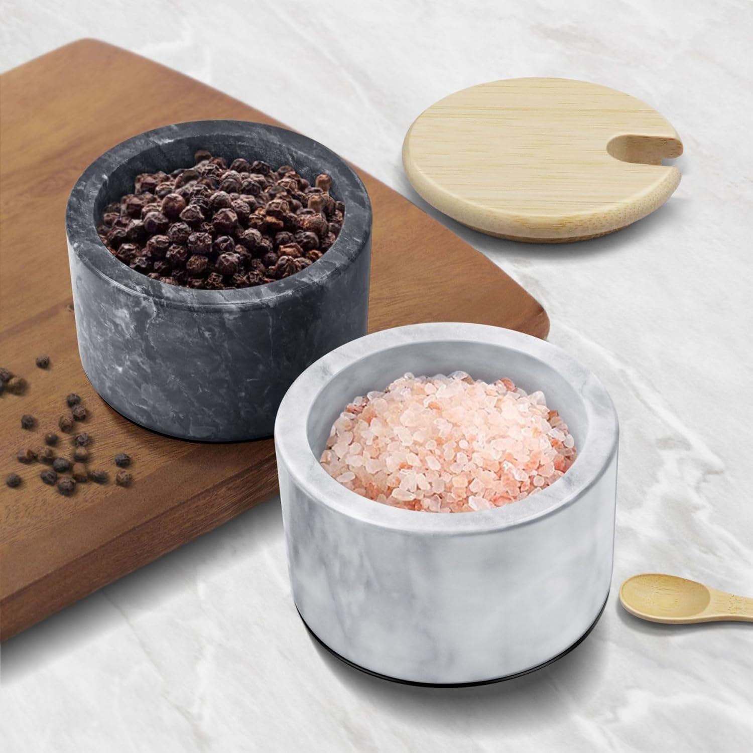 Flexzion Marble Salt Cellar with Lid and Spoon Set of 2, Salt and Pepper Containers for Countertop, 10 oz White Black Stone Salt Holder Bowls for Spices, Herbs, Sugar, Seasoning