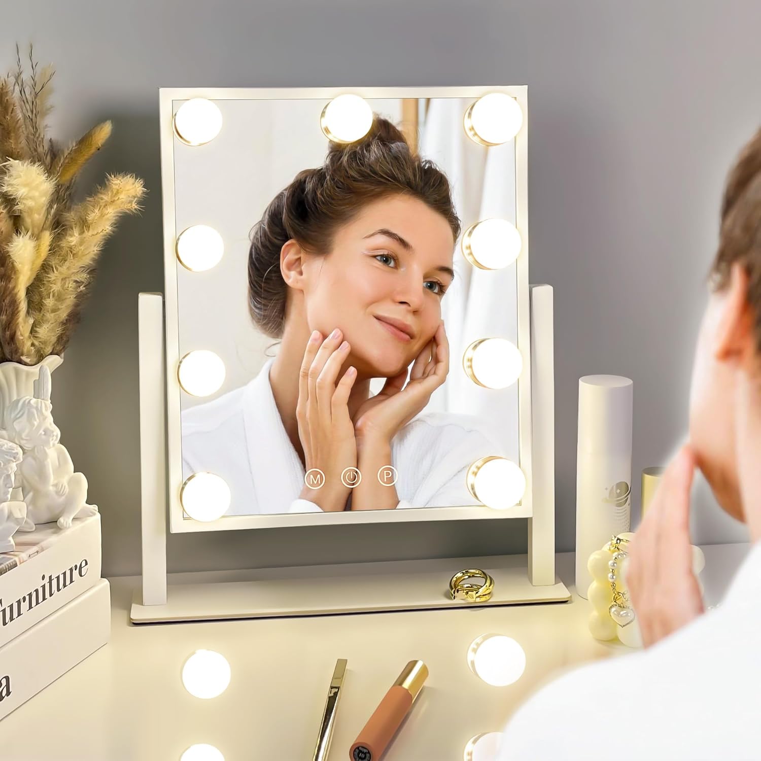 Vanity Mirror with Lights, Makeup Mirror with 3 Lighting Modes, Light Up Mirror with Touch Sensor, AC-Powered, 360 Rotatable, Metal Frame, with Detachable 10X Magnifying Spot Mirro, 14.1"